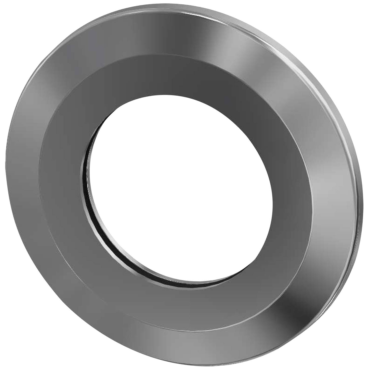 Ein metallisches kreisförmiges Objekt mit einem erhabenen Außenrand, das einer mechanischen Unterlegscheibe ähnelt, vor einem schwarzen Hintergrund.