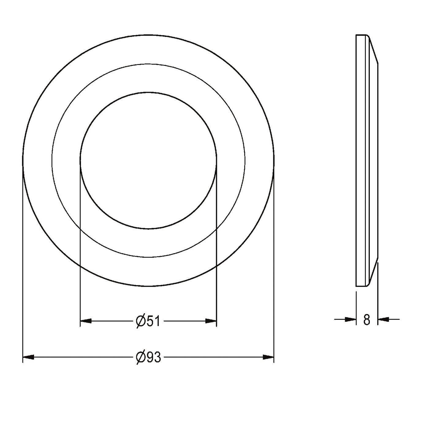 Technische Zeichnung eines kreisförmigen Rings oder einer Unterlegscheibe mit Außendurchmesser 93 mm, Innendurchmesser 51 mm und Dicke 8 mm, dargestellt in Vorder- und Seitenansicht.