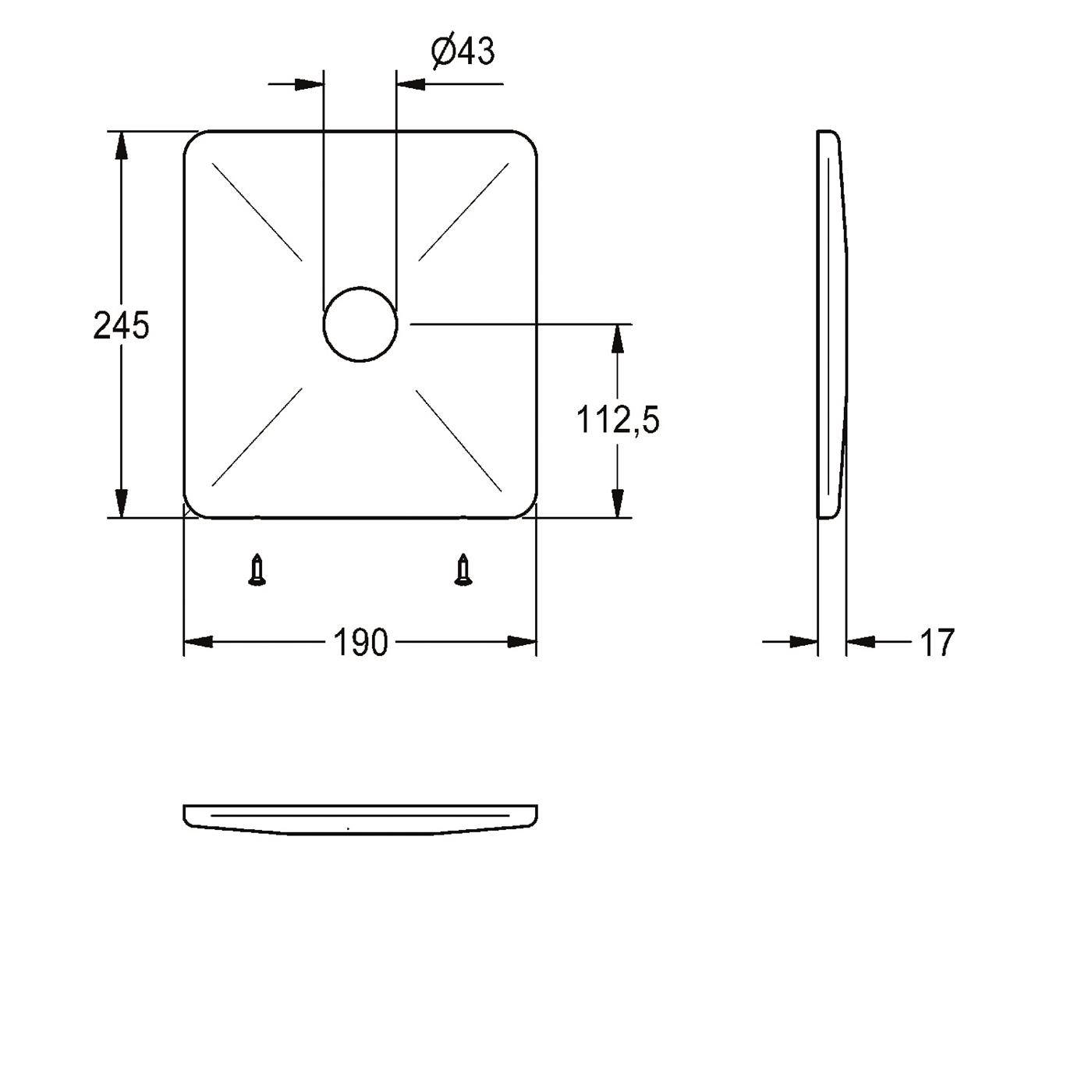 Technische Zeichnung einer quadratischen Platte mit gerundeten Ecken, zentraler Kreisausschnitt und Abmessungen 245, 190, 112,5, Ø43 und 17 mm.