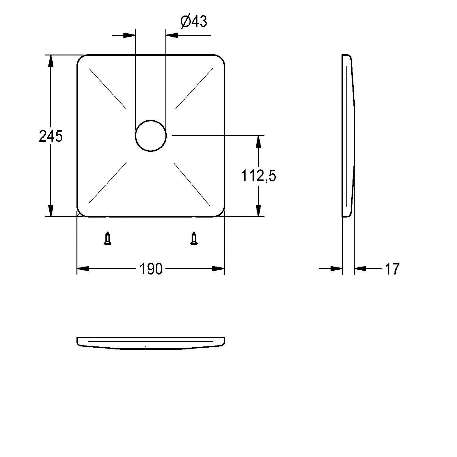 Quadratische Duschkopf technische Zeichnung: 245 mm Höhe, 190 mm Breite, 43 mm Durchmesser Mittelloch, 112,5 mm Armlänge, 17 mm Dicke.