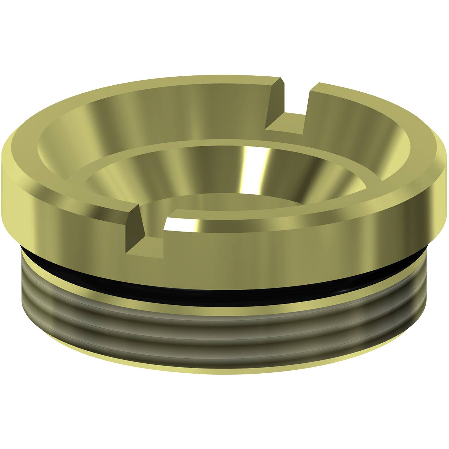 Eine runde, goldfarbene Metallunterlegscheibe mit mehreren Rillen und einem zentralen Loch, entwickelt für Installations- oder mechanische Anwendungen.