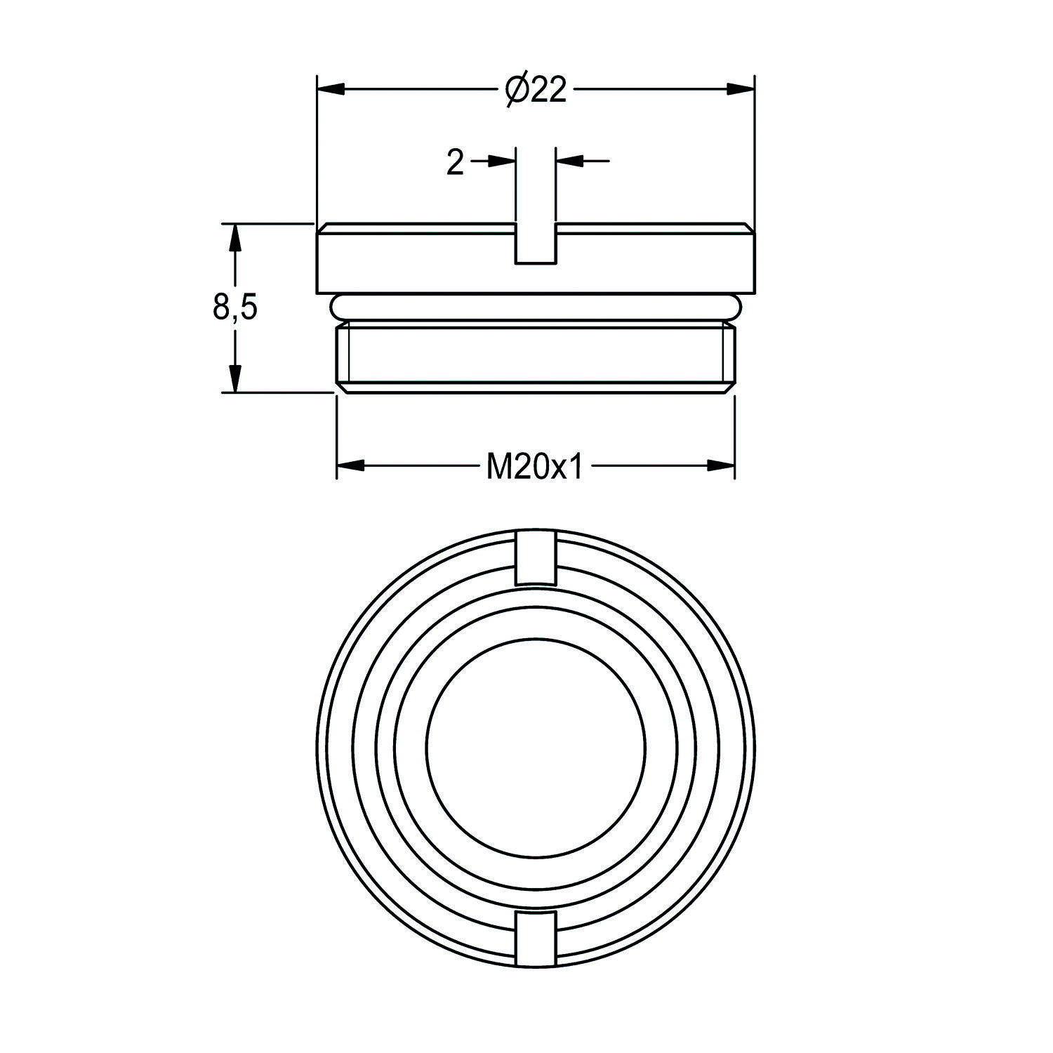 Technische Zeichnung eines zylindrischen Objekts mit Abmessungen: Durchmesser 22 mm, Höhe 8,5 mm, Gewinde gekennzeichnet als M20x1. Ansichten von oben und der Seite dargestellt.