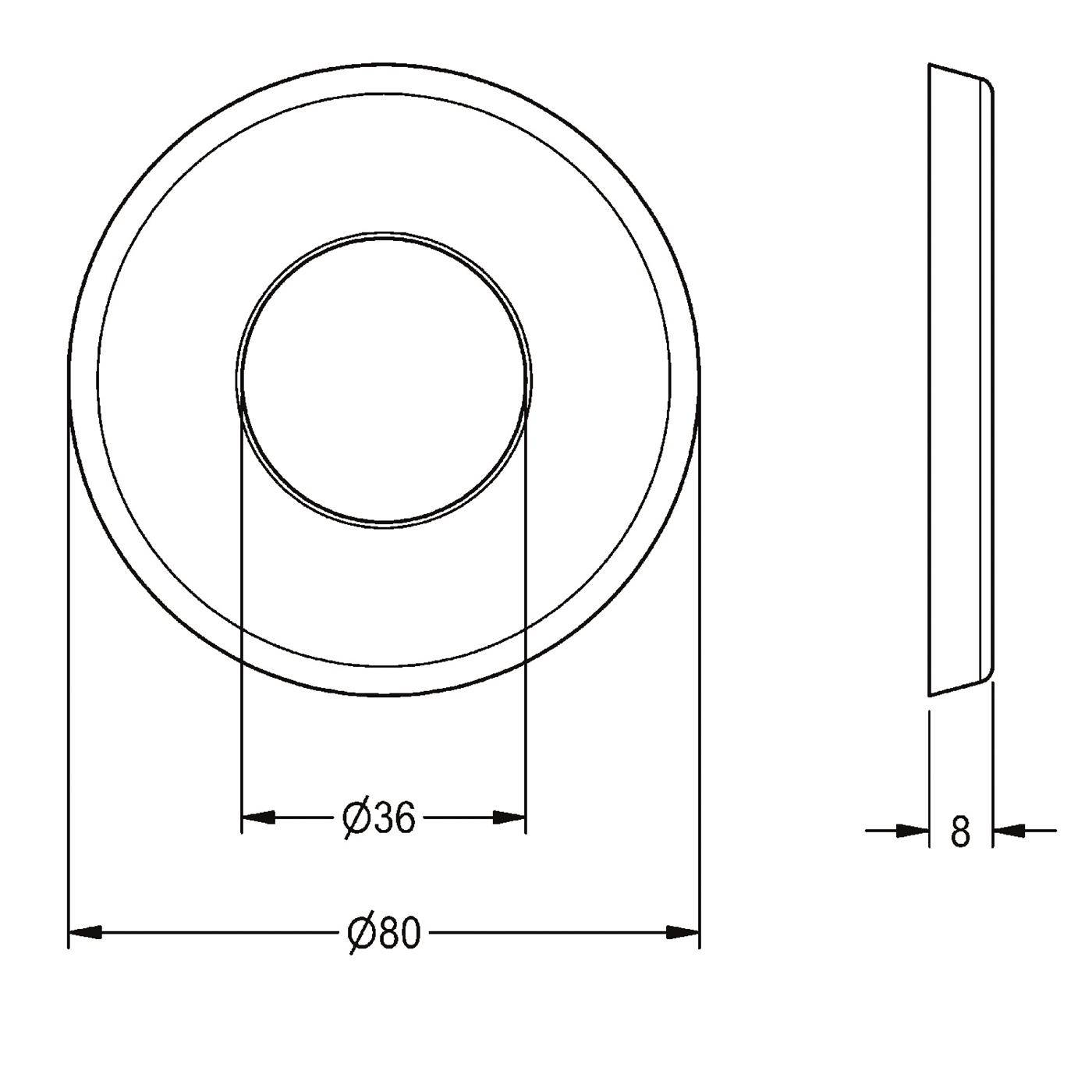 Technische Strichzeichnung eines kreisförmigen Rings oder einer Unterlegscheibe mit Außendurchmesser 80 mm, Innendurchmesser 36 mm und Dicke 8 mm.