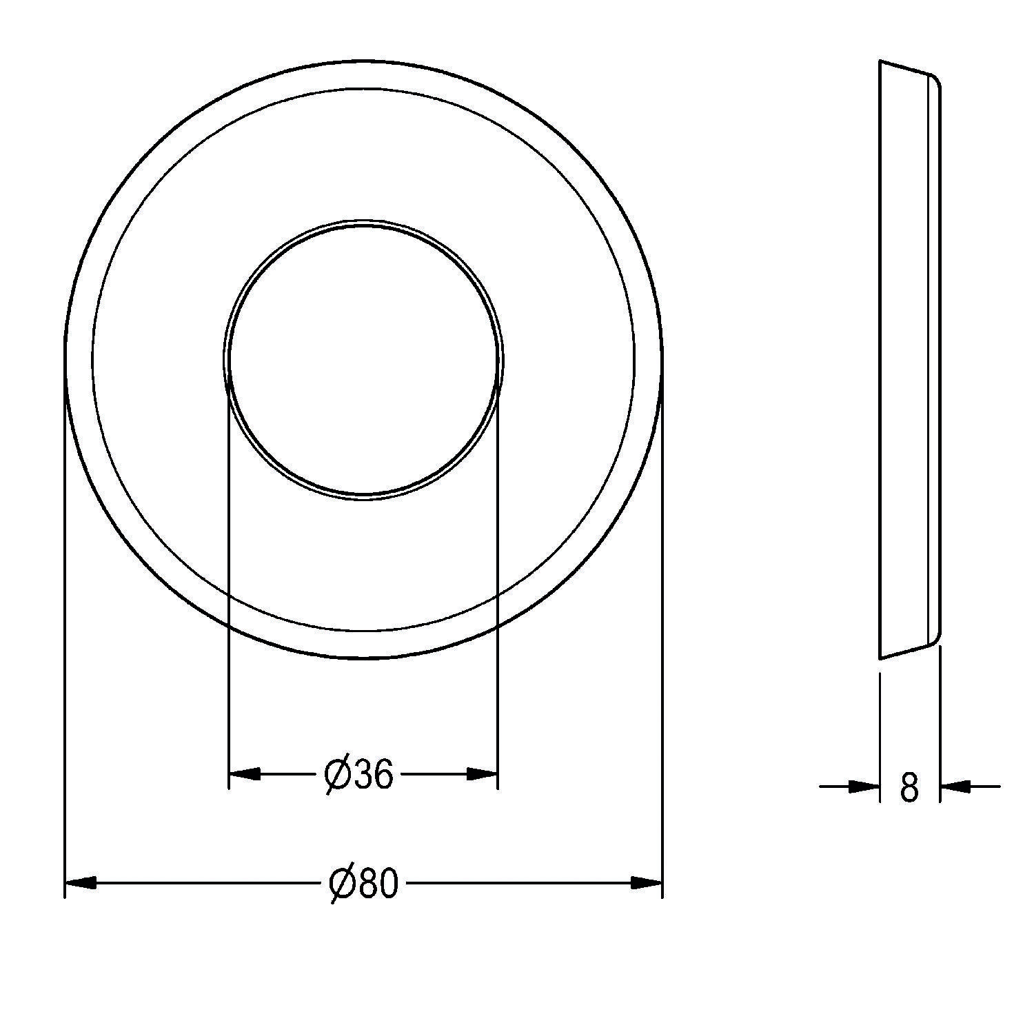 Technische Zeichnung eines kreisförmigen Objekts mit einem Durchmesser von 80 mm, innerem Kreis von 36 mm und Seitenansicht mit einer Höhe von 8 mm.