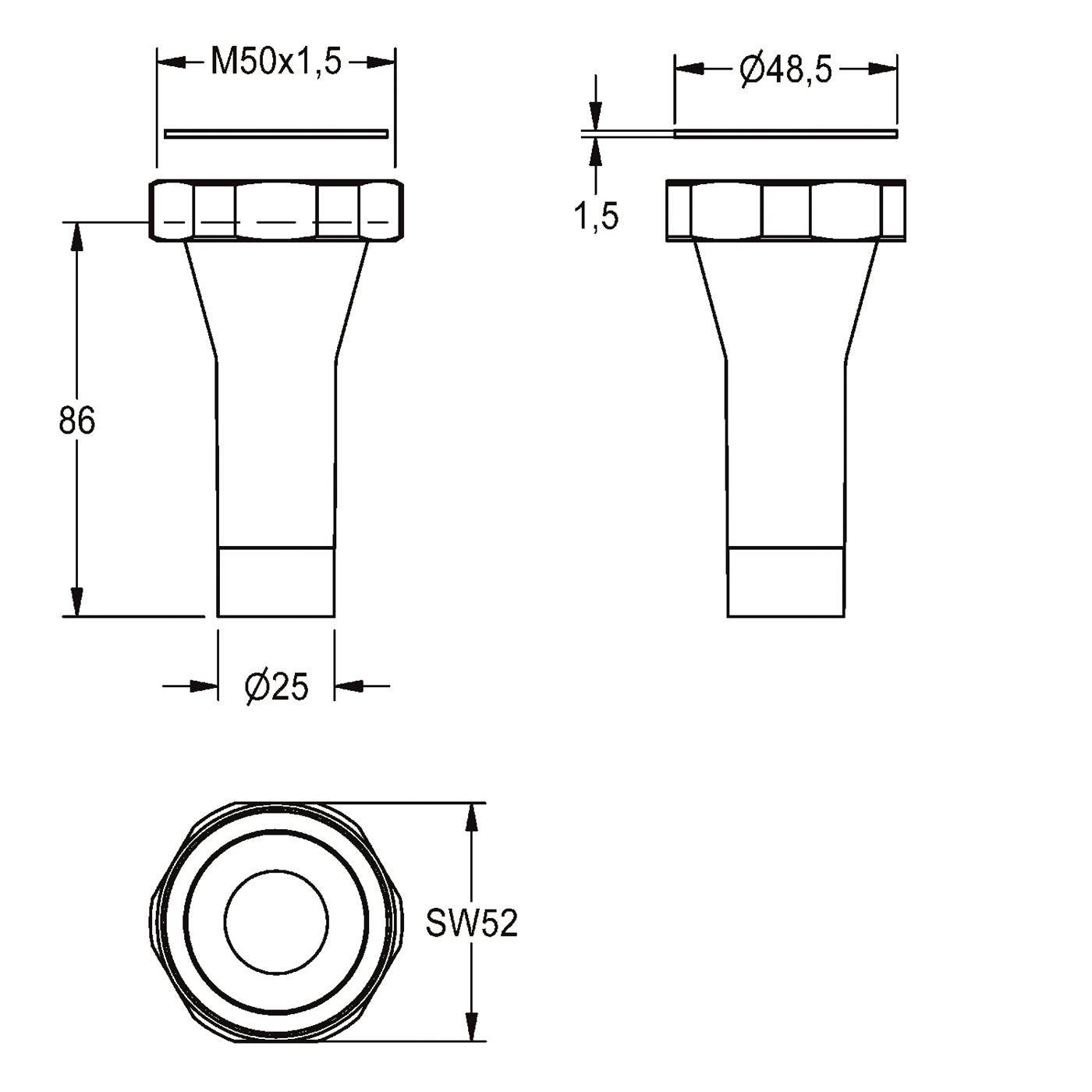 Technische Maßzeichnung einer Sechskantschraube/eines Adapters mit Front-, Seiten- und Draufsicht mit Abmessungen M50x1,5, Ø48,5, Ø25, Höhe 86 und SW52.
