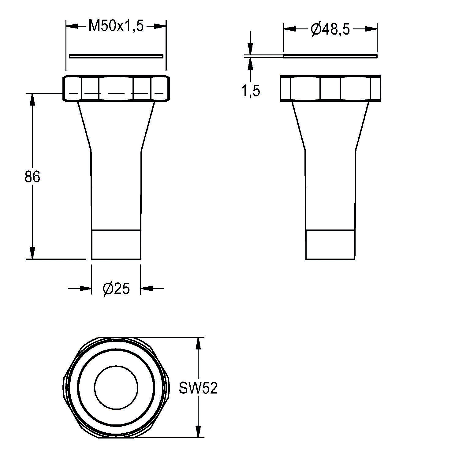 Technische Zeichnung einer zylindrischen Komponente. Abmessungen umfassen M50x1,5 Gewinde, 86 mm Höhe, 25 mm Durchmesser, 48,5 mm Außendurchmesser, SW52 Ansicht von unten.