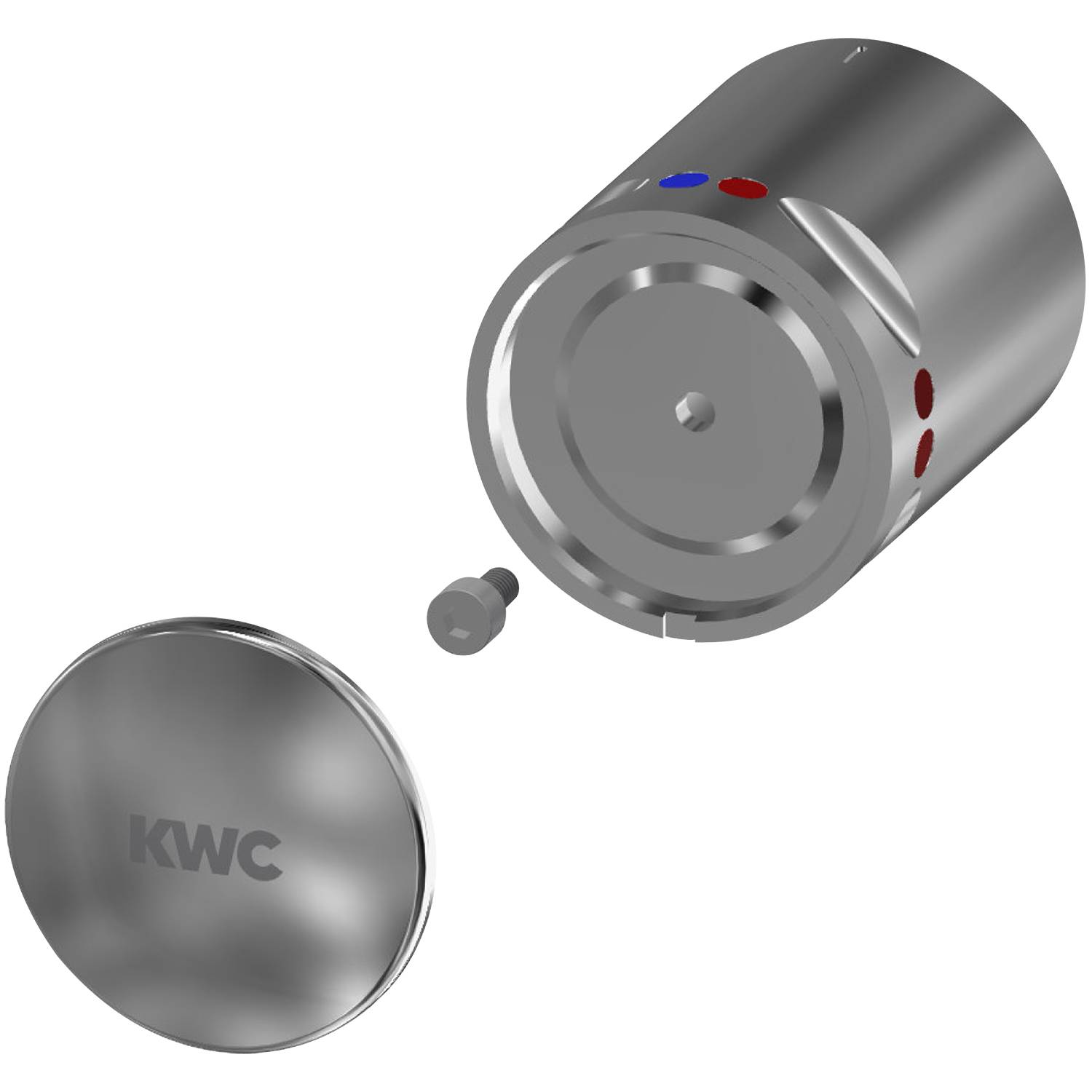 Zylinderförmige Edelstahl-Duscharmaturenkomponente mit Temperaturanzeigern, demontiertem Knopf und Schraube, mit 'KWC' beschriftet.