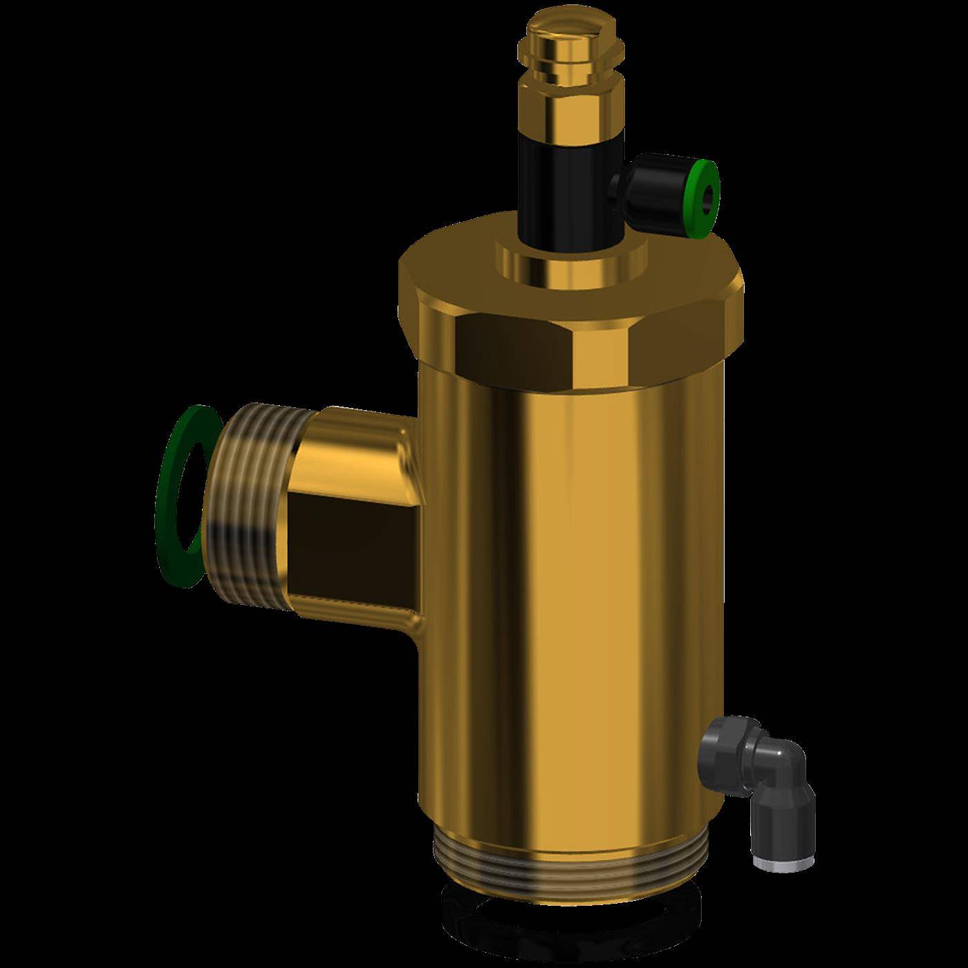 Goldzylindraisches mechanisches Ventil mit Seiteneinlass mit Gewinde, oberer Anschlussarmatur und kleinem Ablasswinkel auf schwarzem Hintergrund.