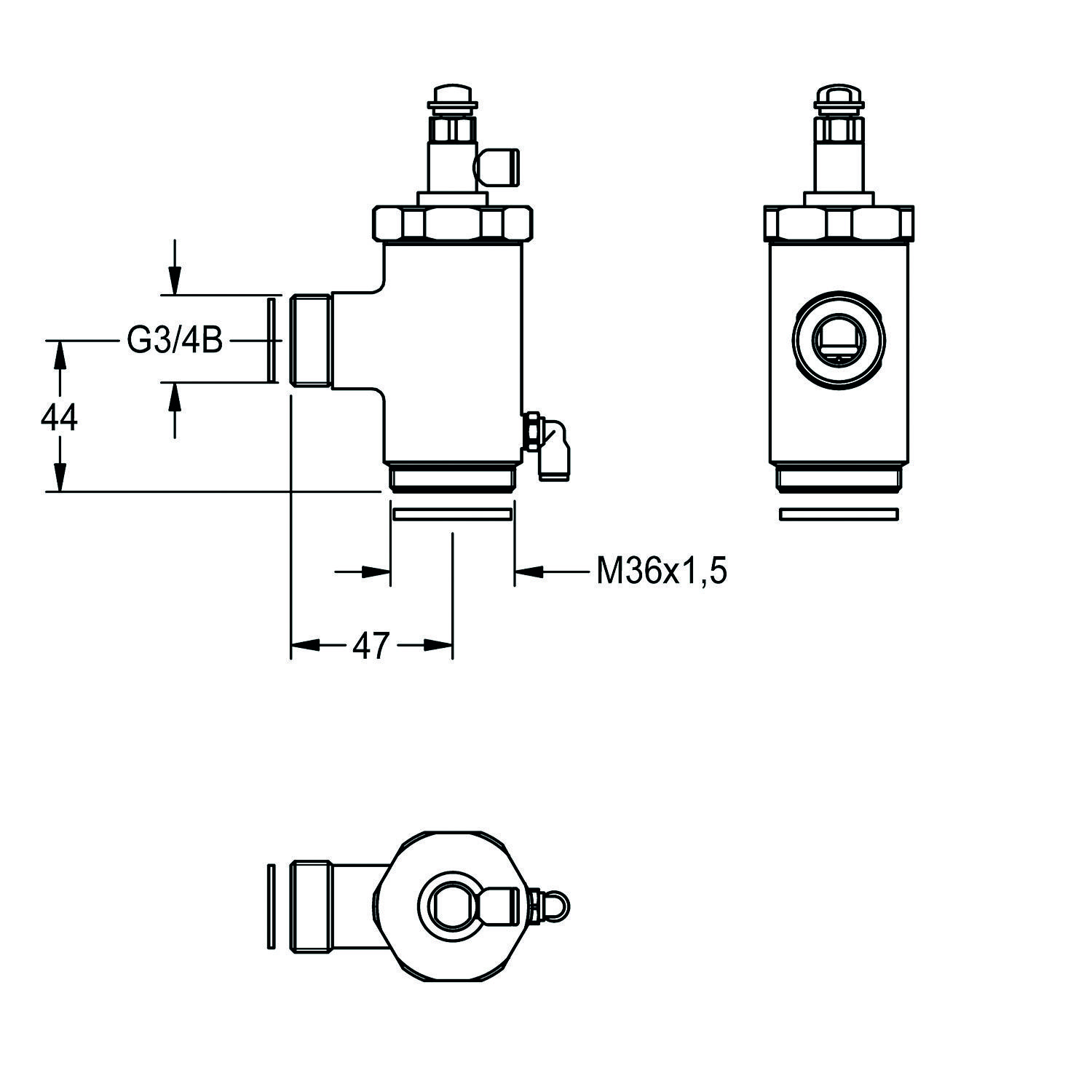 Eine technische Zeichnung eines Ventils mit Abmessungen: G3/4B, 44 mm Höhe, 47 mm Breite, Gewindegröße M36x1,5. Drei Ansichten dargestellt.