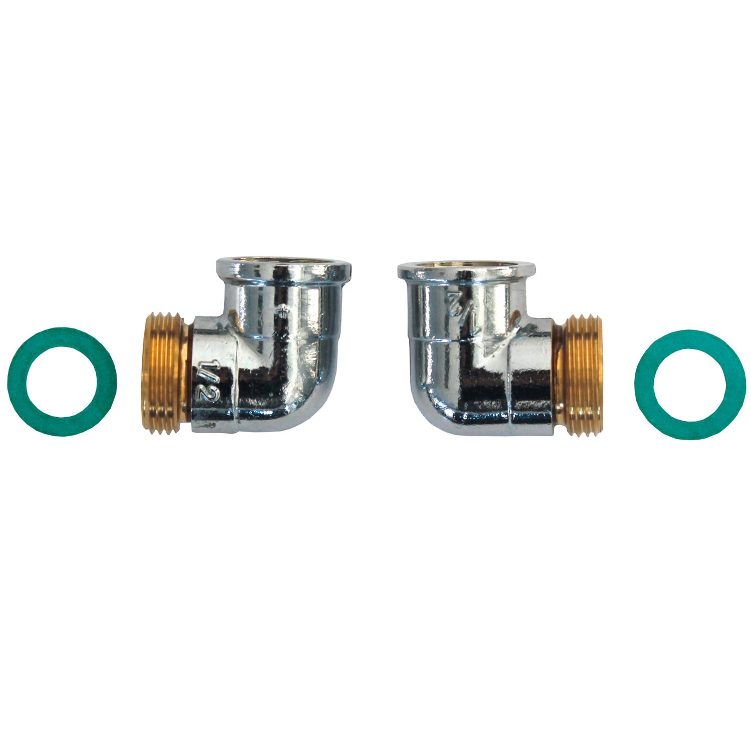 Zwei L-förmige Metallrohranschlüsse mit Messinggewinden, versehen mit grünen Gummidichtungen an beiden Seiten.