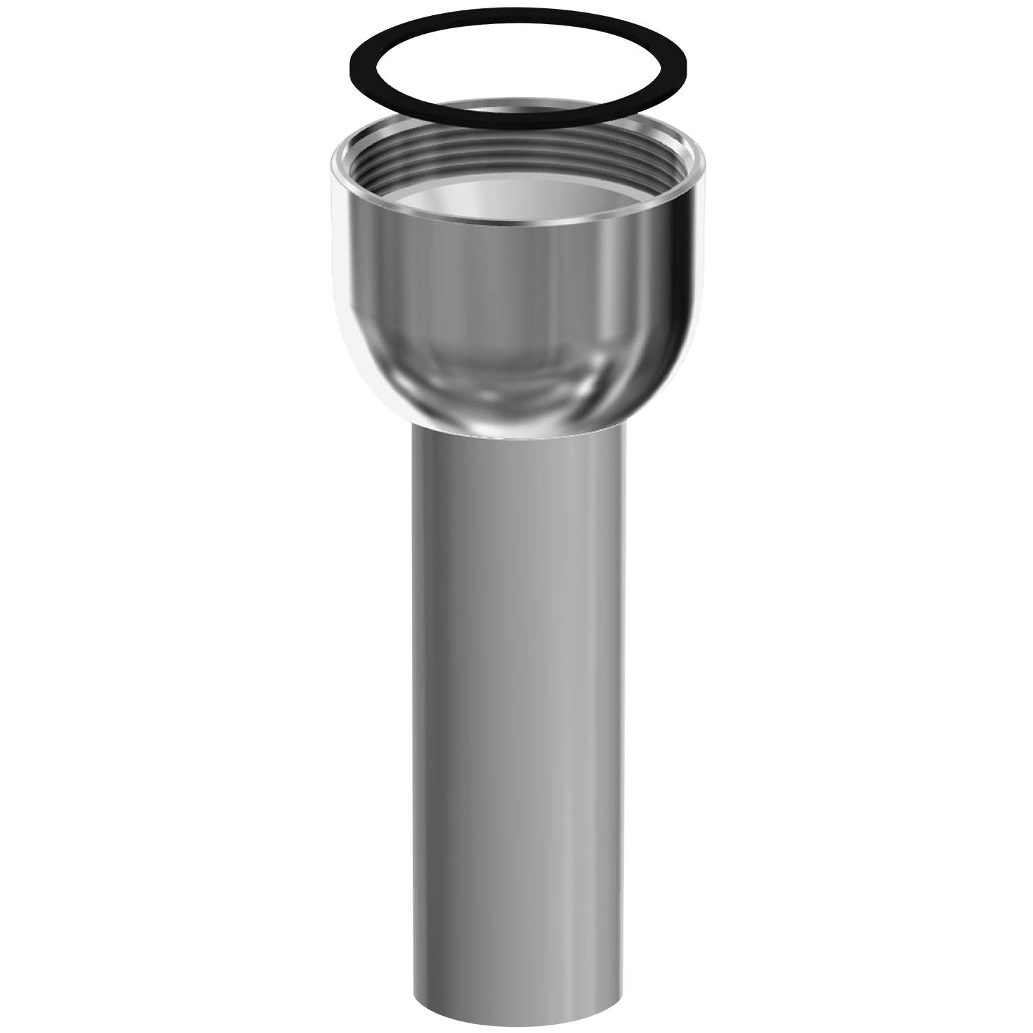 Ein glänzender metallischer Zylinder mit einer geschraubten Öffnung an der Oberseite und einem schwarzen Gummiring darüber, vor einem schwarzen Hintergrund.