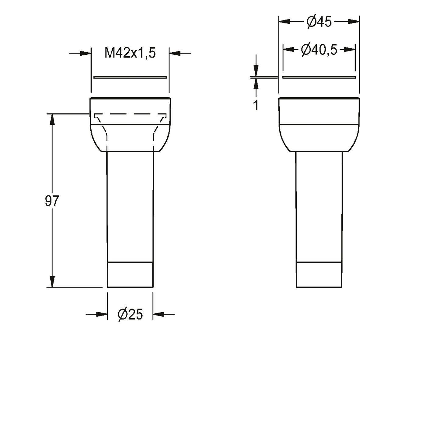 Technische Zeichnung eines Kopfbolzens oder einer Schraube mit Abmessungen: M42x1,5 Gewinde, 97 Länge, 25 Wellendurchmesser, 45 Kopfdurchmesser, 40,5 Innendurchmesser und 1 Dicke.
