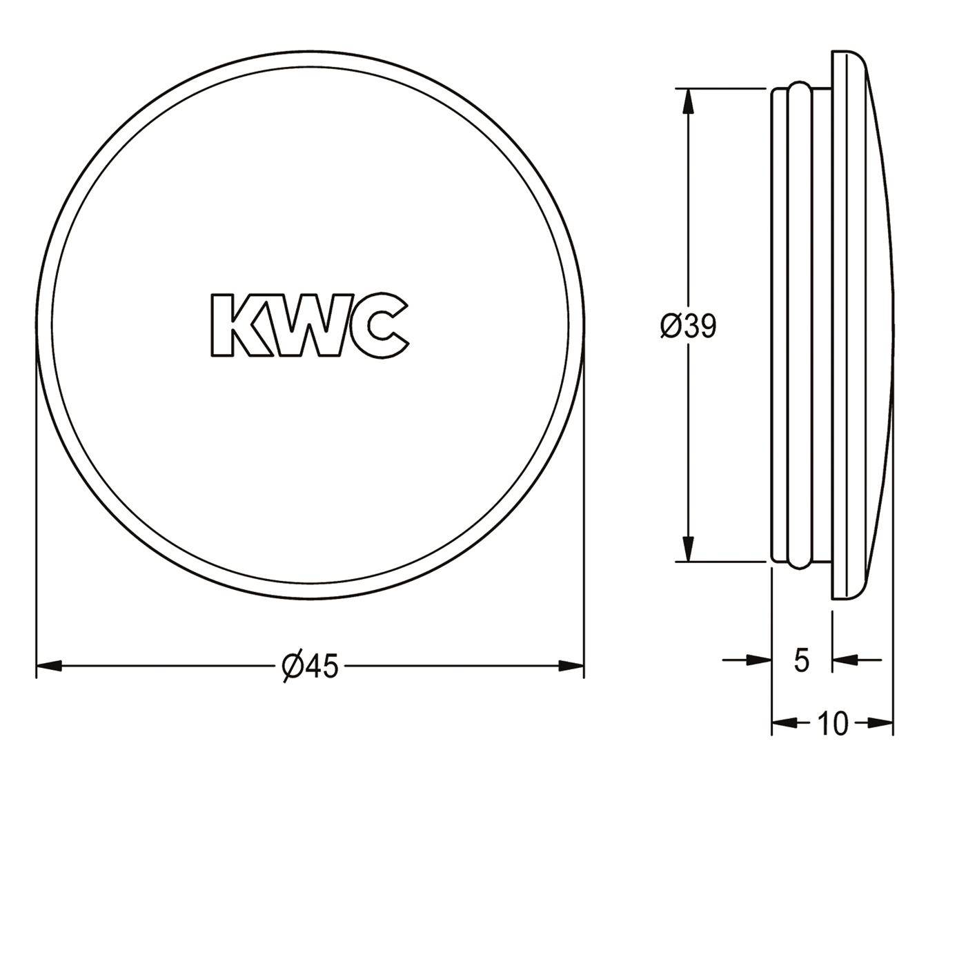 Technische Zeichnung eines runden KWC-Teils mit Vorder- und Seitenansicht mit Abmessungen: 45 mm Durchmesser, 39 mm Innendurchmesser, 10 mm Tiefe und 5 mm Versatz.