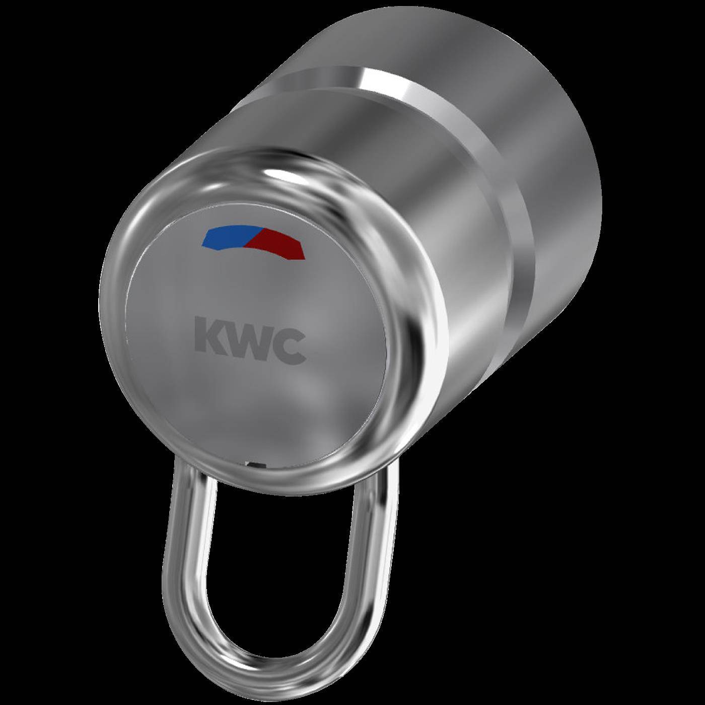 Glänzende zylindrische Metallkomponente von KWC mit einem U-förmigen Griff oder einer Schlaufe, die am unteren Ende befestigt ist, isoliert auf schwarzem Hintergrund dargestellt.