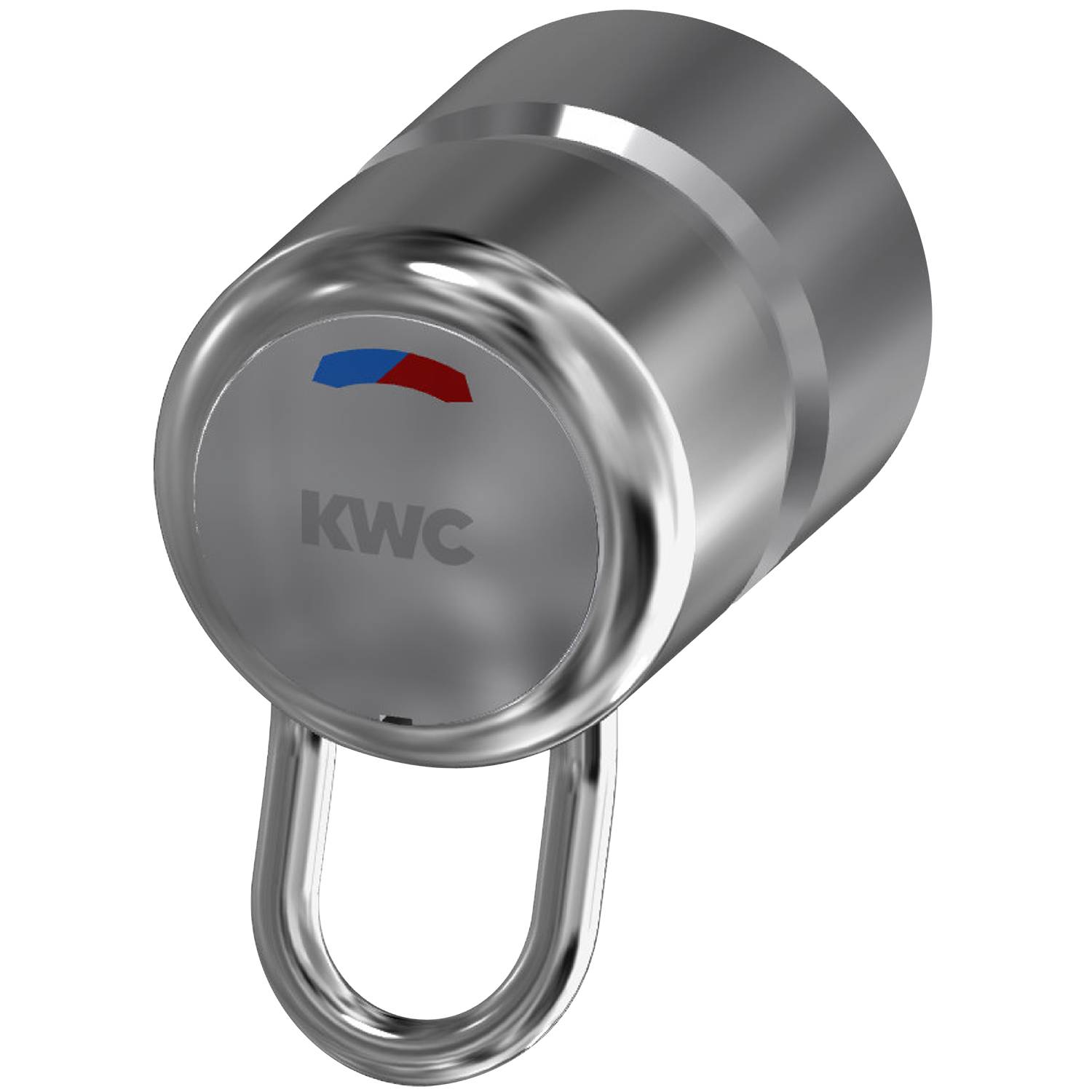 Stilisierter Edelstahlbuchstabe 'O' mit einem roten und blauen Halbmonddesign oben und dem Text 'KWC' in der Mitte, der einem Vorhängeschloss ähnelt.