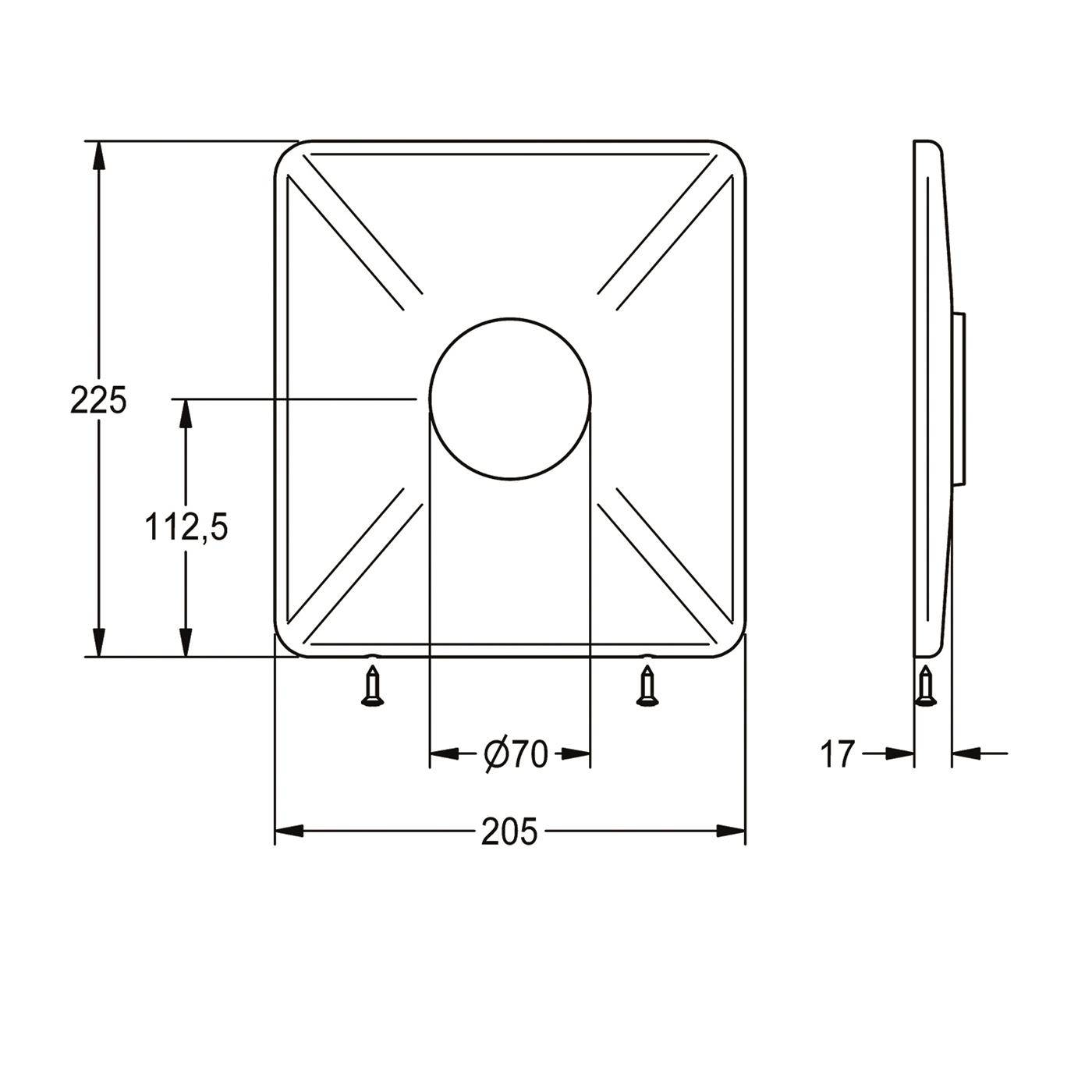 Technische Zeichnung eines quadratischen wandmontierten Teils mit zentraler kreisförmiger Öffnung; Vorder- und Seitenansichten zeigen die Abmessungen 225, 205, 112,5, Ø70 und 17.