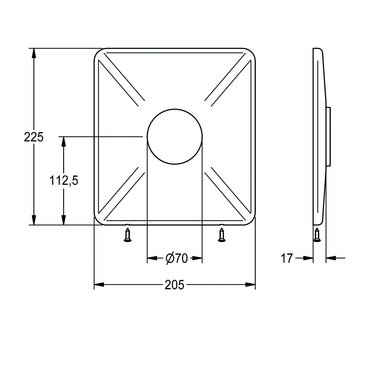 Diagramm einer quadratischen Wandhalterung mit Abmessungen: 225 mm Höhe, 205 mm Breite, 17 mm Tiefe und 70 mm zentraler Kreisdurchmesser.