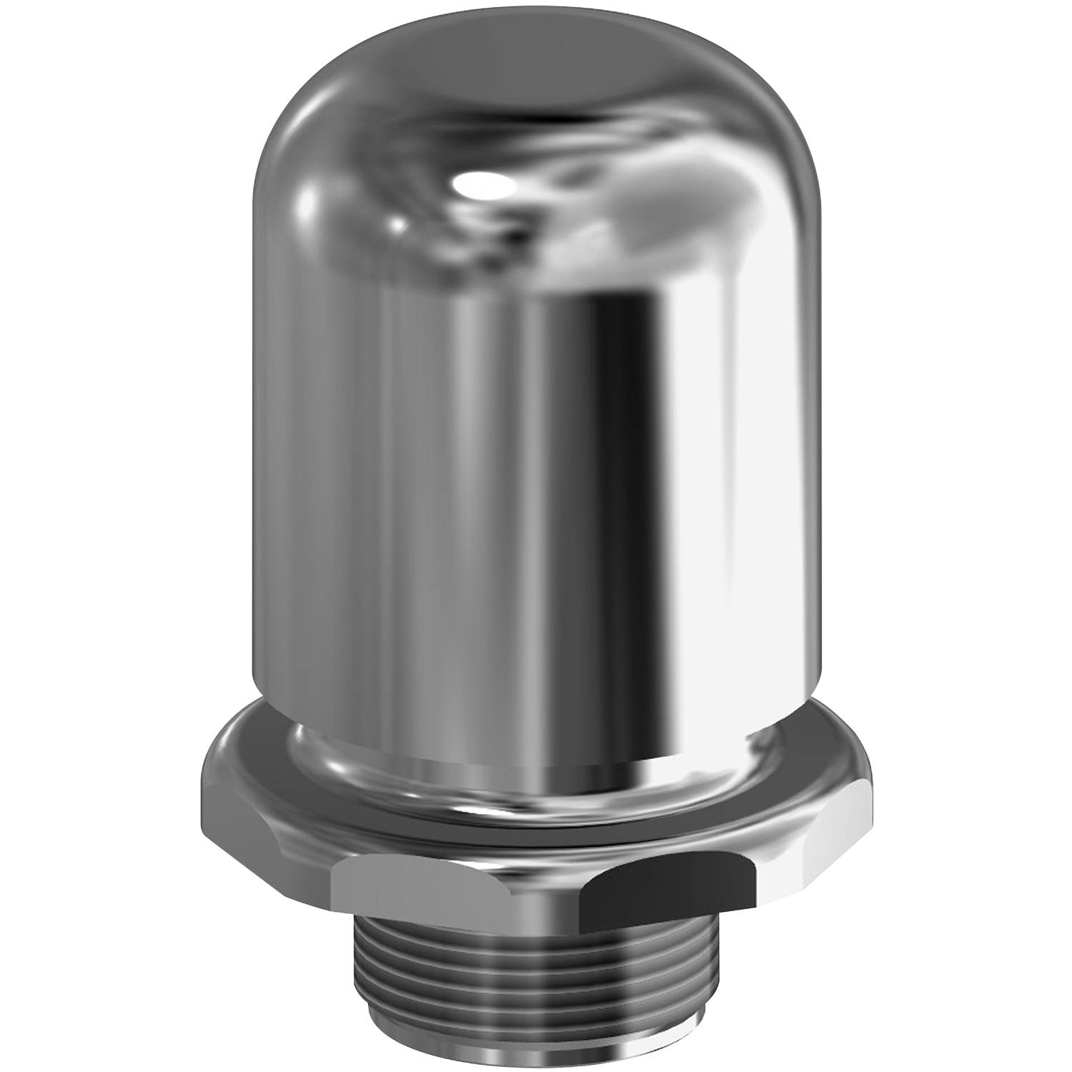 Eine glänzende, metallische, gewölbte Sechskantmutter mit Gewinde-Basis vor einem schwarzen Hintergrund.