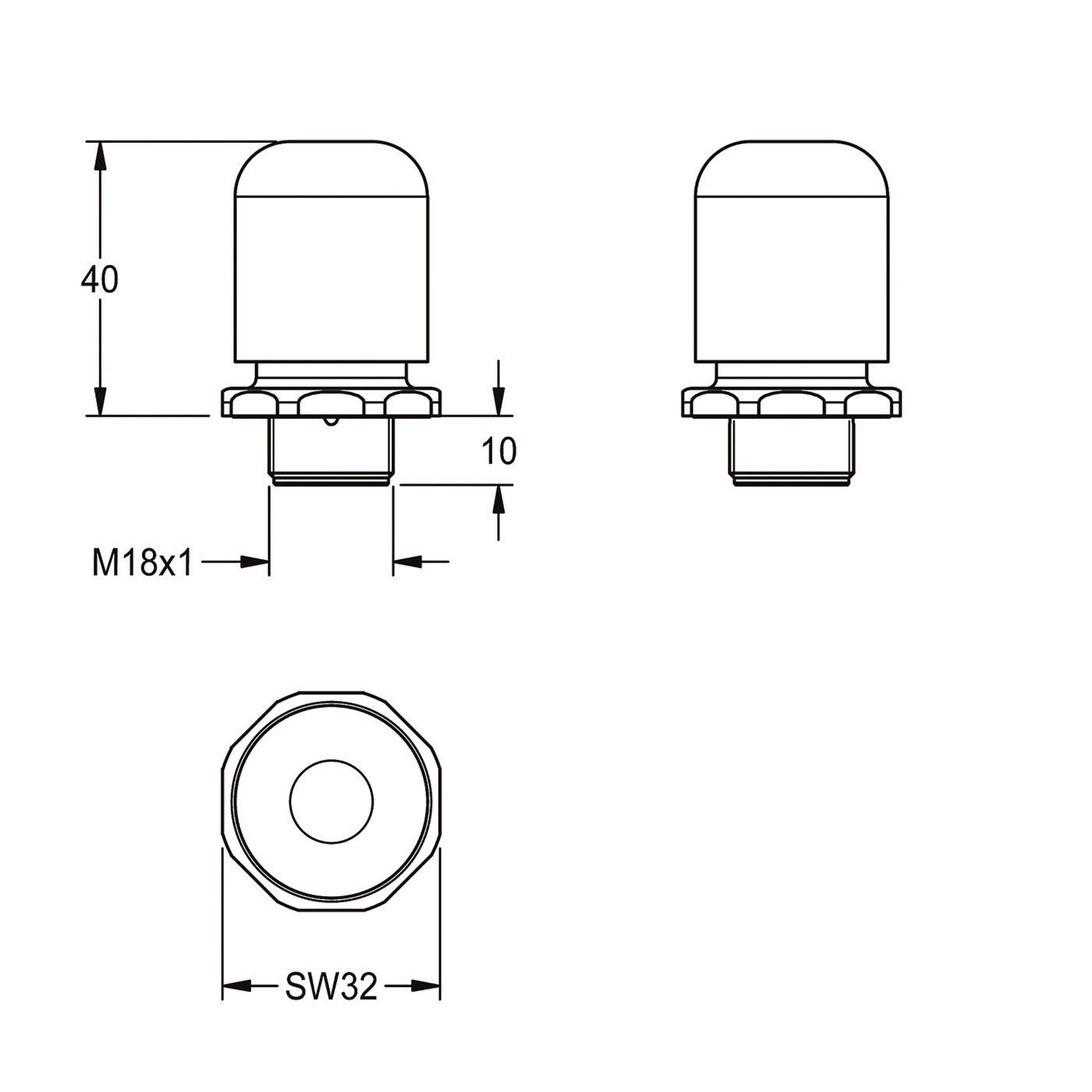 Technische Zeichnung eines zylindrischen Teils mit Abmessungen: 40 mm Höhe, 10 mm Basisversatz, M18x1-Gewinde und SW32-Schlüsselweite.
