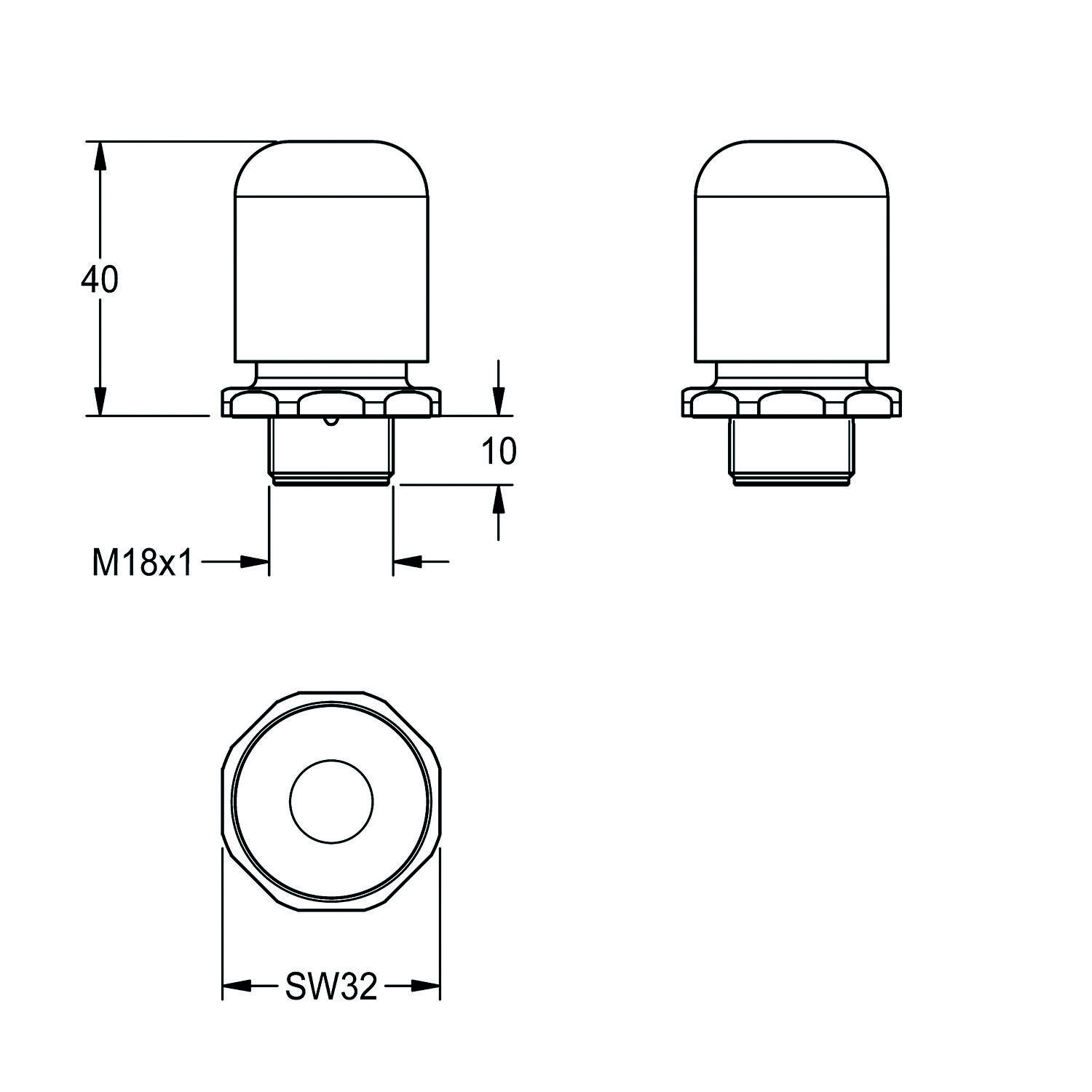 Technische Zeichnung einer zylindrischen Komponente. Abmessungen: Höhe 40 mm, Außendurchmesser 18 mm und Socketbreite 32 mm. Gewindegröße M18x1.