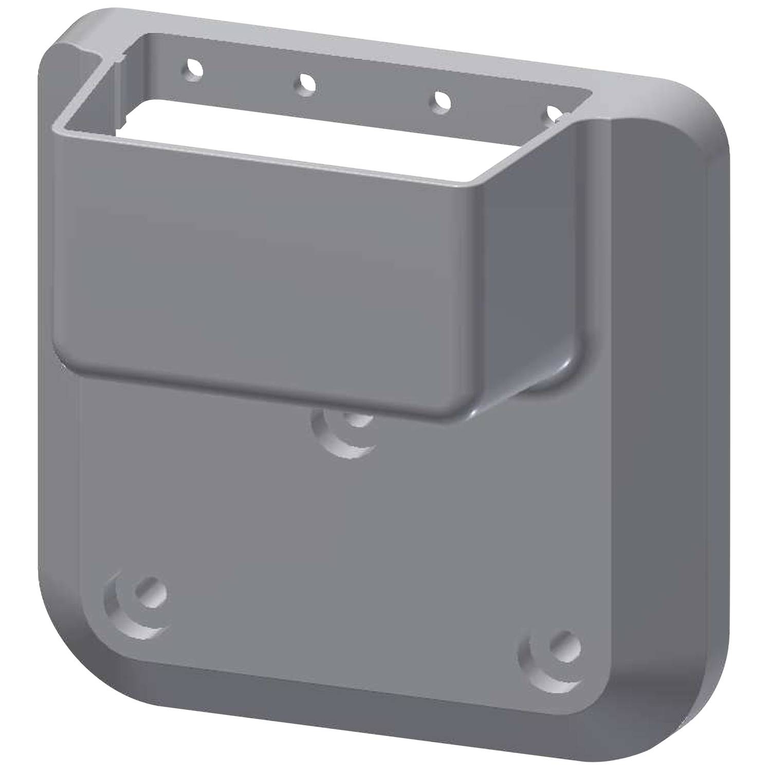 3D-Rendering einer rechteckigen grauen wandmontierten Halterung mit mehreren Schraubenlöchern, von einem Winkel aus betrachtet.