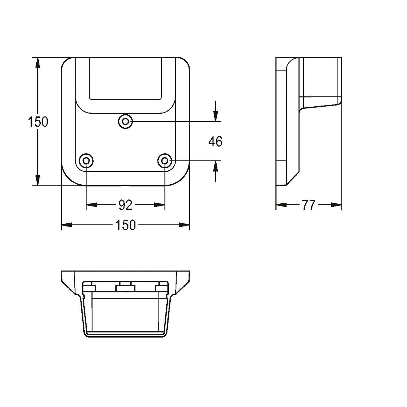 Technische Zeichnung einer quadratischen wandmontierten Vorrichtung mit Vorder-, Seiten- und Unteransicht mit Abmessungen von 150 x 150 mm, 77 mm Tiefe und Schlüssellochpositionen.