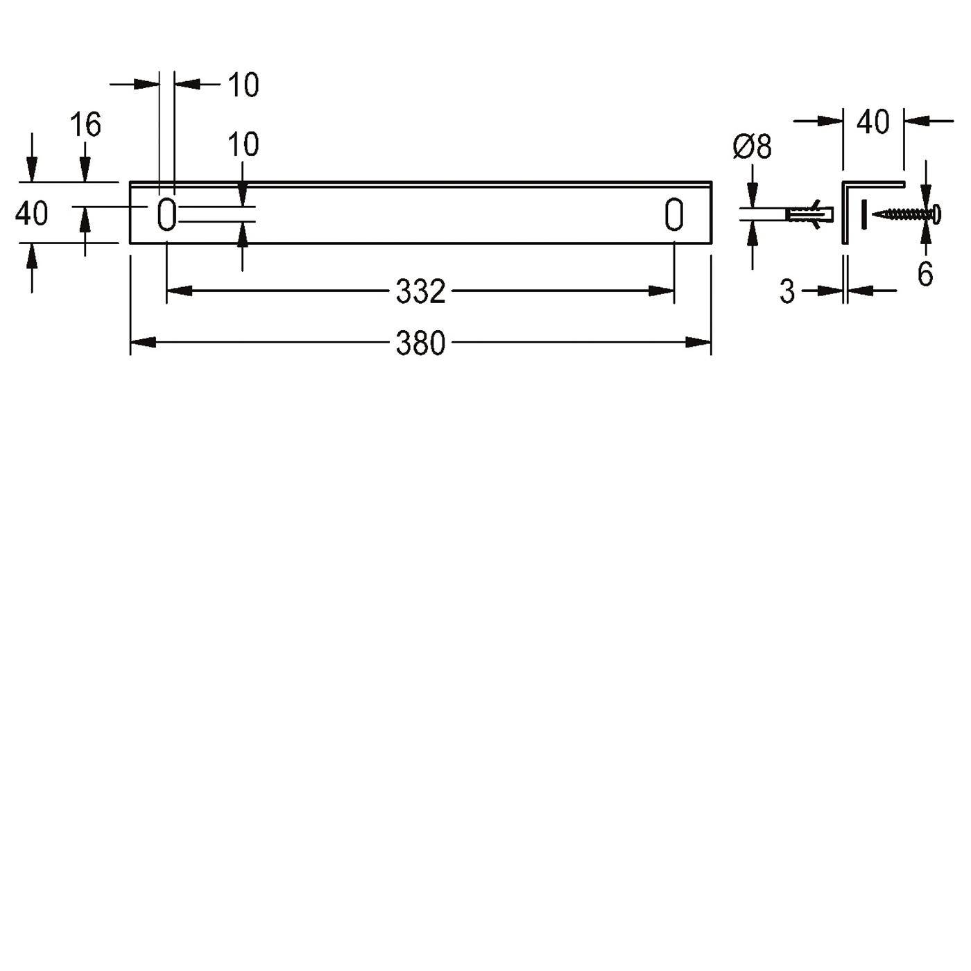 Technische Zeichnung einer flachen Metallklammer: 380 mm lang, 40 mm hoch, 10 mm dick, mit zwei Löchern und einer Endsicht, die ein 8-mm-Loch und einen 40-mm-Bereich zeigt.