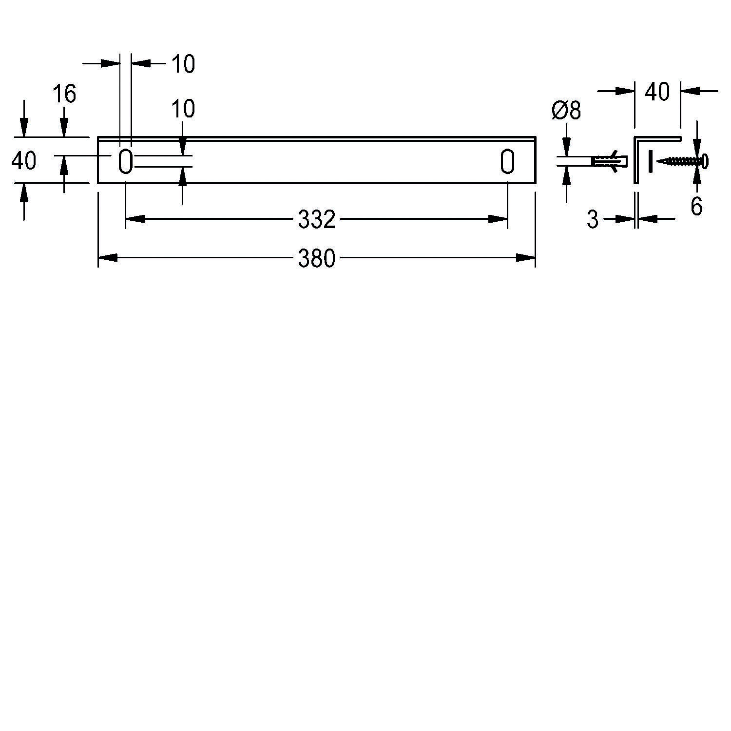 Technische Zeichnung eines Metallbalkens mit Abmessungen: 382 mm Länge, 40 mm Breite, mit drei Löchern, zwei Löcher mit 10 mm Durchmesser und ein Loch mit 8 mm Durchmesser.