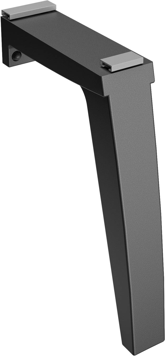 Nahaufnahme eines schlanken, modernen metallischen Stuhlbeins vor schwarzem Hintergrund, der Design und Oberflächenbeschaffenheit hervorhebt.