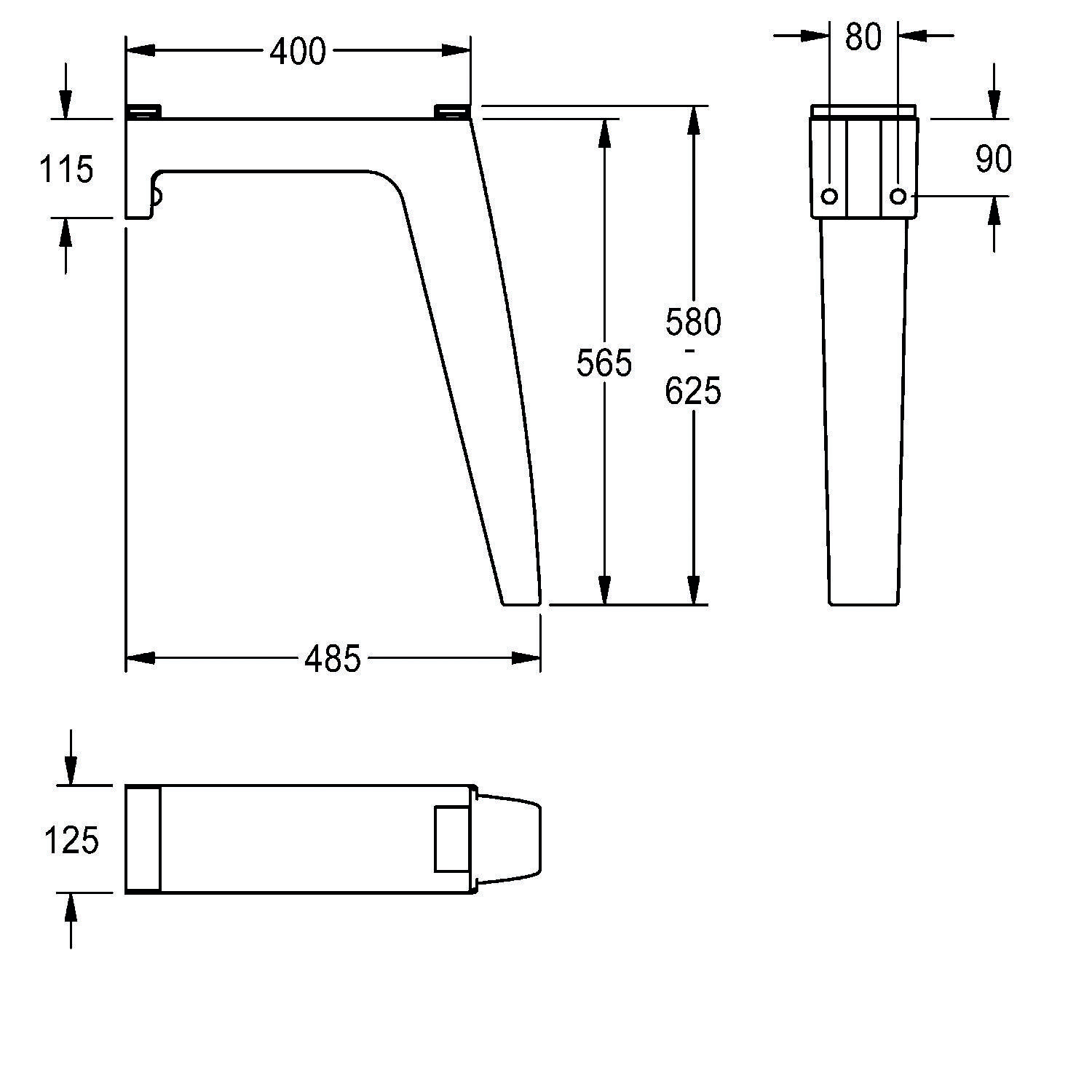 Technische Zeichnung eines Möbelfußes, Seitenansicht Maße: 400 mm Breite, 485 mm Tiefe, 115 mm Vorsprung; Höhe variiert von 580-625 mm. Draufsicht zeigt 80 mm Breite, 90 mm Höhe.