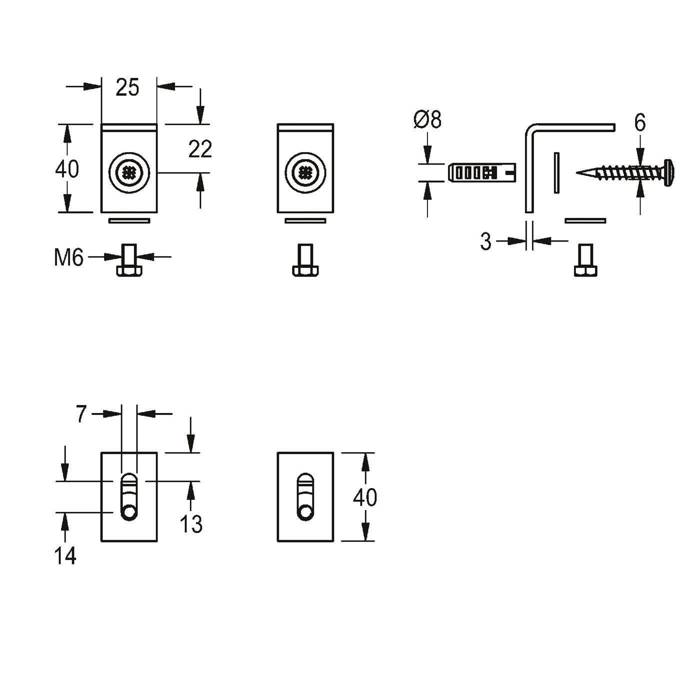 Technische Zeichnung einer wandmontierten Halterung oder eines Verschlusssatzes mit Vorder- und Seitenansicht mit Abmessungen, Schraubengröße M6 und Bohrloch Ø8.