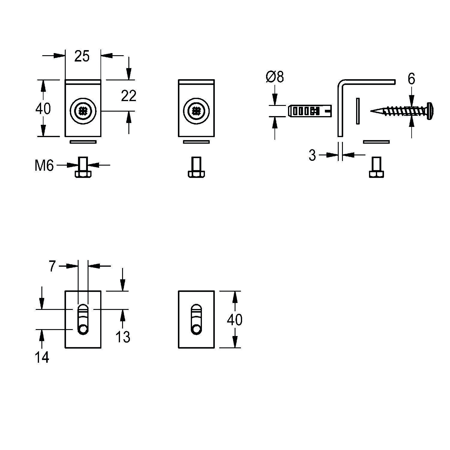 Technische Zeichnung zur Darstellung verschiedener Schrauben- und Bolzendimensionen, mit beschrifteten Maßangaben, die Höhe, Breite und Durchmesserdetails zeigen.