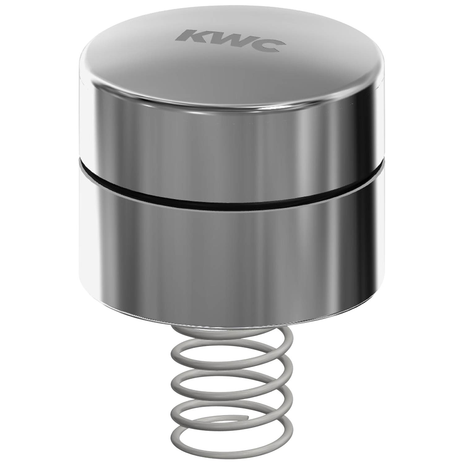 Ein metallisches zylindrisches Objekt mit dem 'KWC' Logo auf der Oberseite, das eine interne Schraubenfeder enthält, möglicherweise eine mechanische Komponente oder ein Geräteelement.