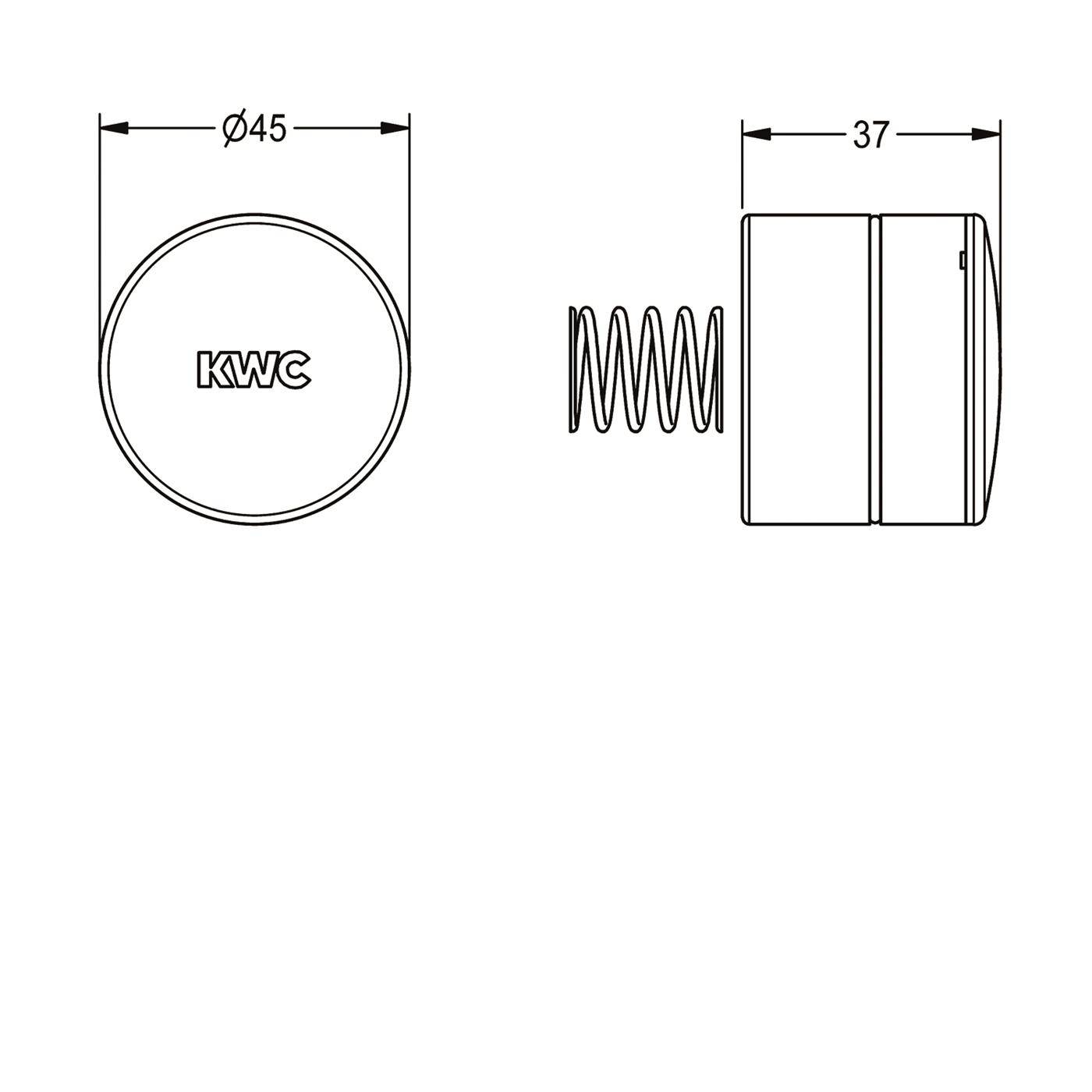 Technische Zeichnung einer kreisförmigen KWC-Kappe mit Feder, die einen Durchmesser von 45 mm und eine Seitenlänge von 37 mm zeigt.