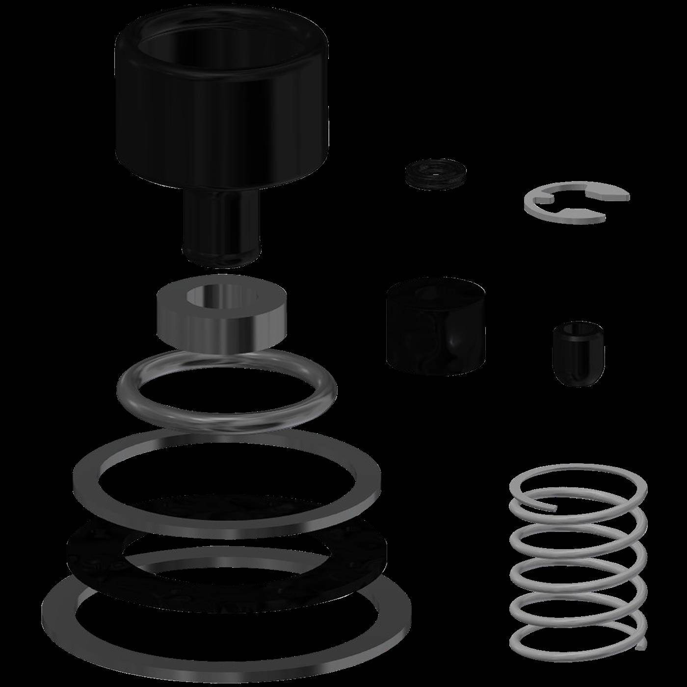 Explodierte Ansicht einer schwarzen mechanischen Baugruppe mit einer zentralen Kappe, einem Abstandshalter, Ringen, Clips und einer separaten Spiralfeder.