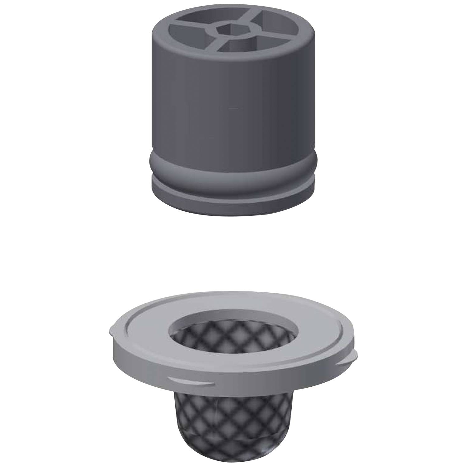 Eine visuelle Darstellung eines Plastik-Belüfters und eines Metallgitters für einen Wasserhahn, die deren Design und Struktur zur Optimierung des Wasserflusses zeigt.