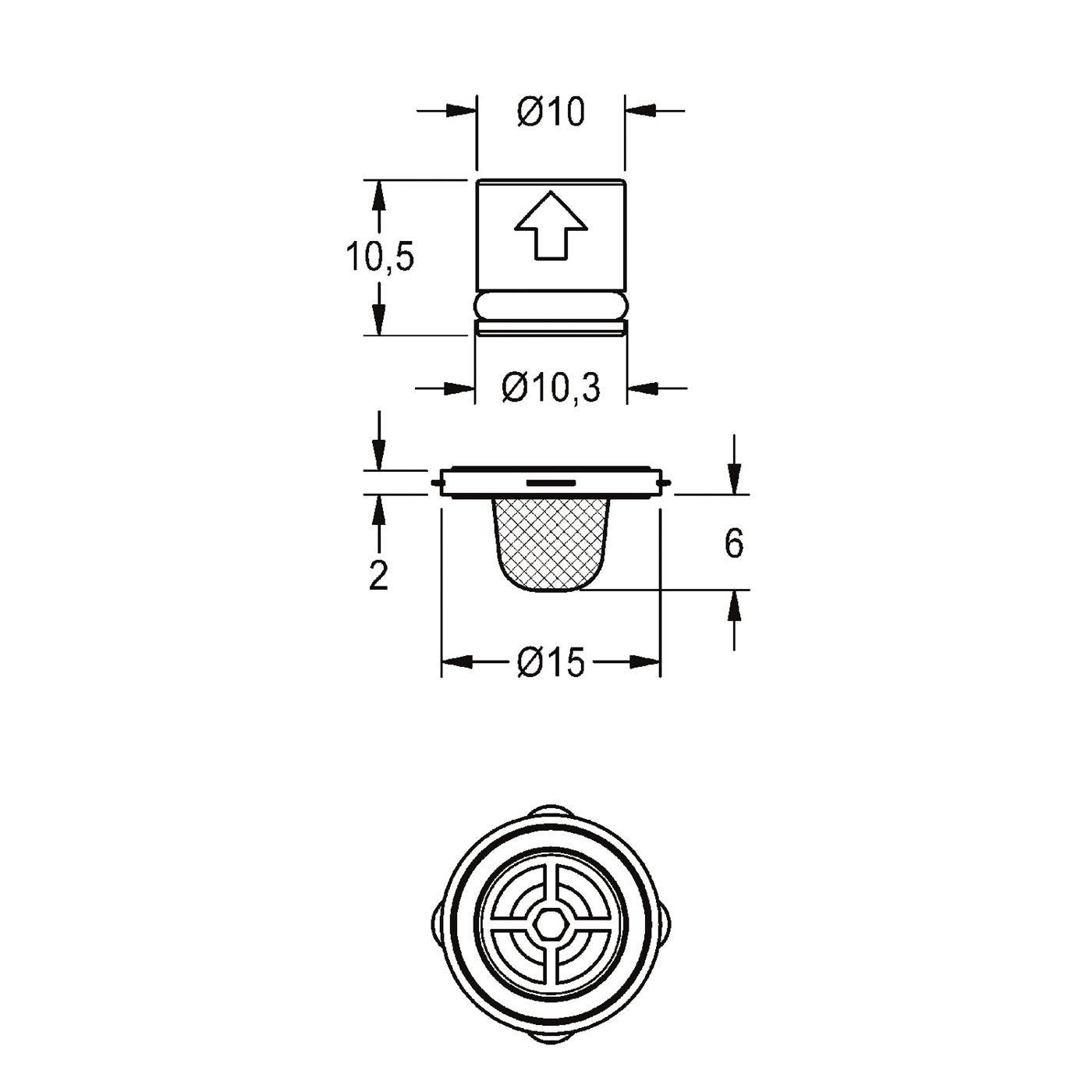 Technische Zeichnung eines kleinen kreisförmigen Kunststoffclips oder einer Befestigungsvorrichtung mit Draufsicht und Seitenansicht sowie Abmessungen Ø10, Ø10,3, Ø15, 10,5, 6 und 2 mm.