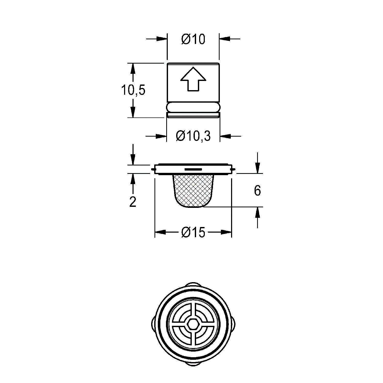Ventildimensionen: Durchmesser 10 mm, Höhe 10,5 mm, Gesamthöhe 12,5 mm, Basisdurchmesser 15 mm.' Draufsicht zeigt kreisförmiges Design.