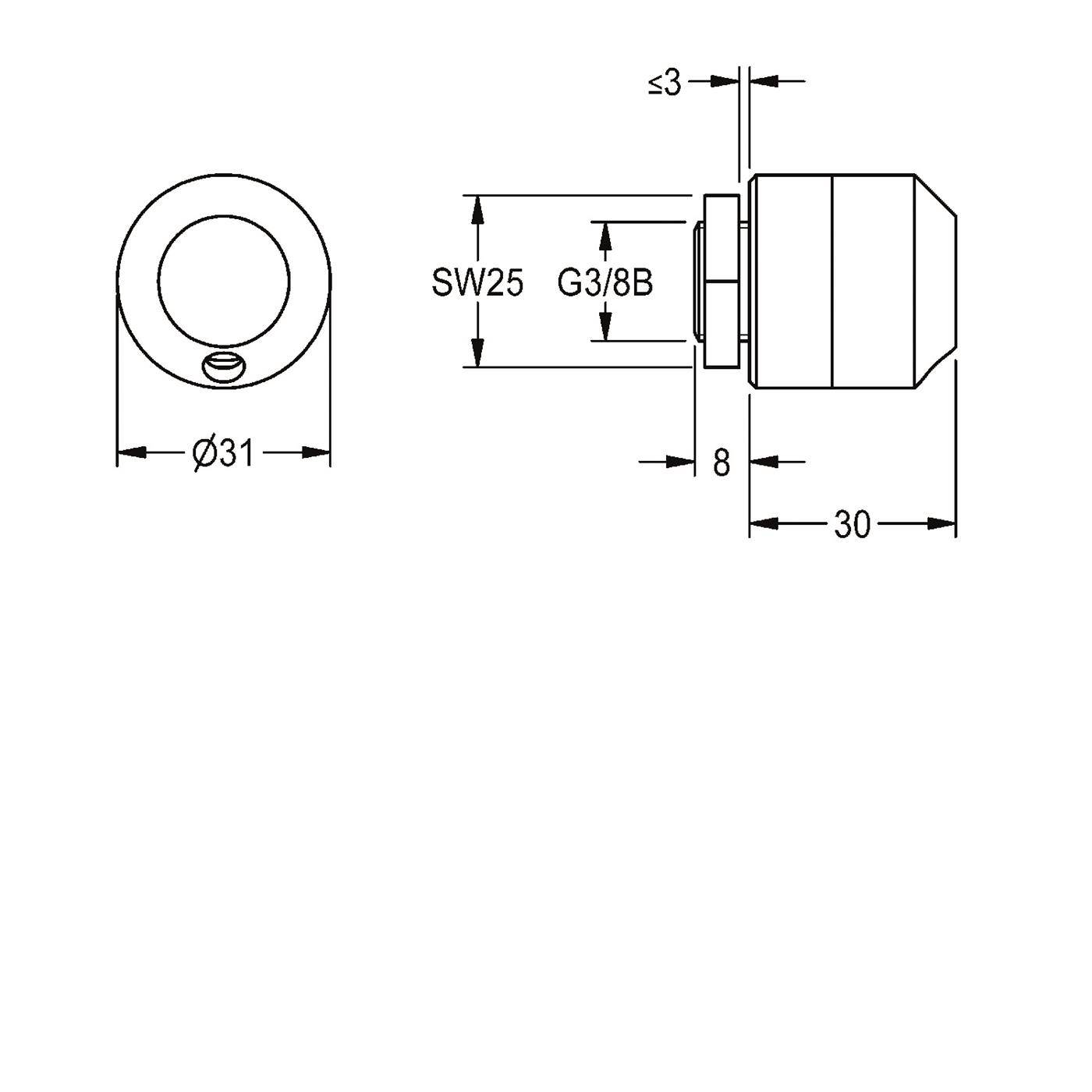 Technische Strichzeichnung einer runden Verschraubung in Vorder- und Seitenansicht mit den Abmessungen Ø31, SW25, G3/8B, 8, 30 und ≤3.