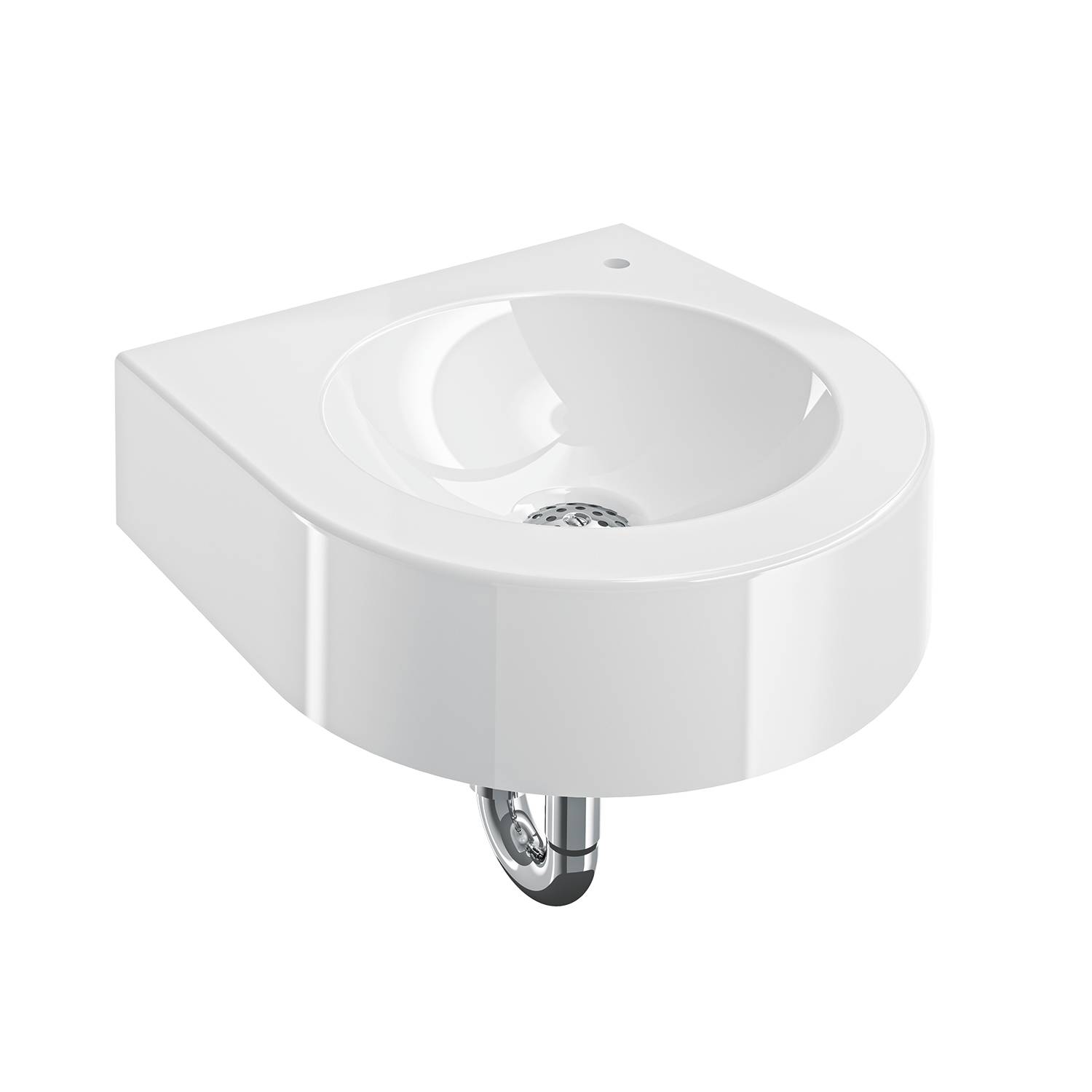 An einer schwarzen Wand montiertes weißes Keramikwaschbecken, das sein elegantes Design und seine kompakte Größe hervorhebt, mit sichtbarem Ablauf und Sanitärinstallationen.