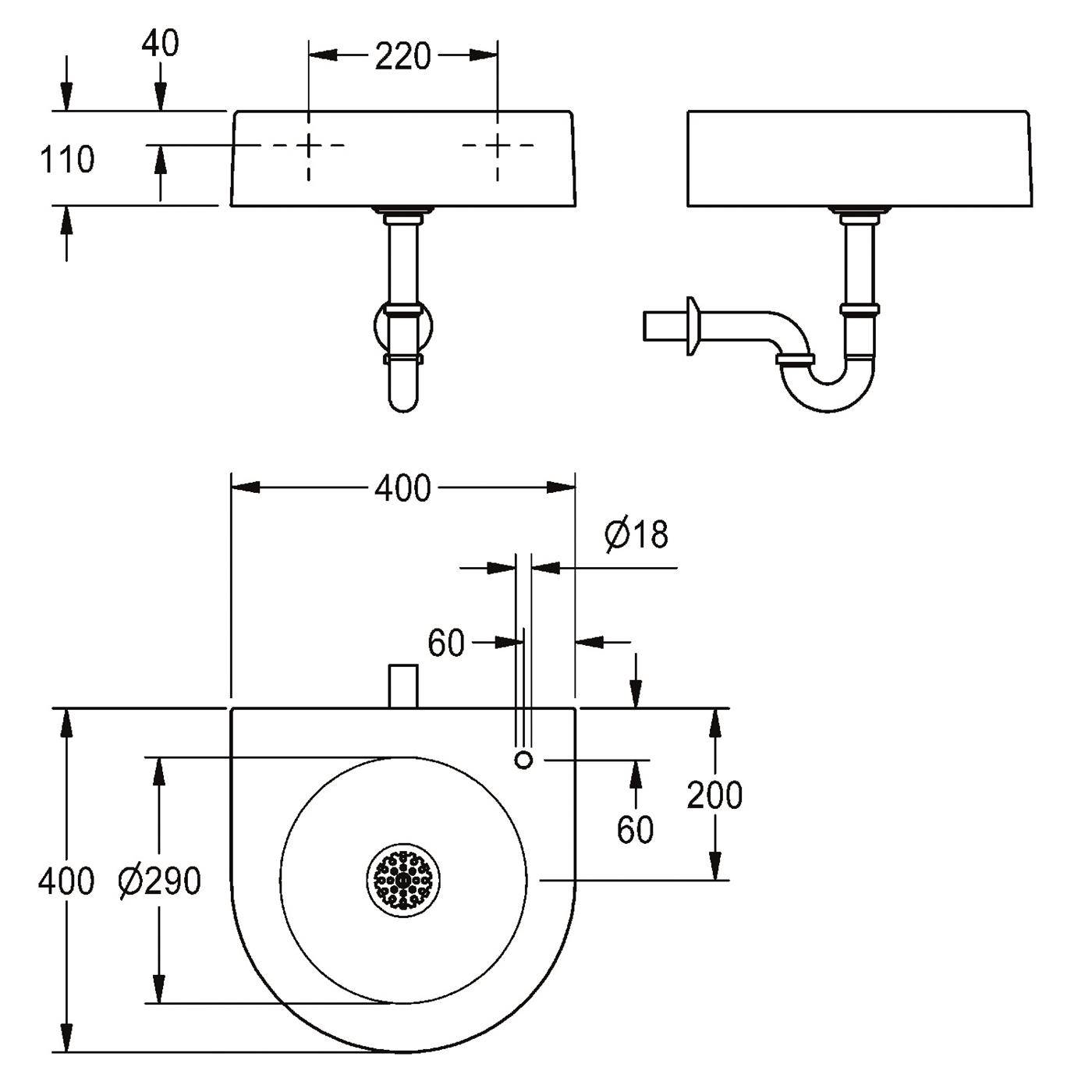 Technische Zeichnung eines wandmontierten Waschbeckens mit Wasserhahn und Siphon, mit Vorder- und Seitenansichten und Abmessungen in Millimetern.