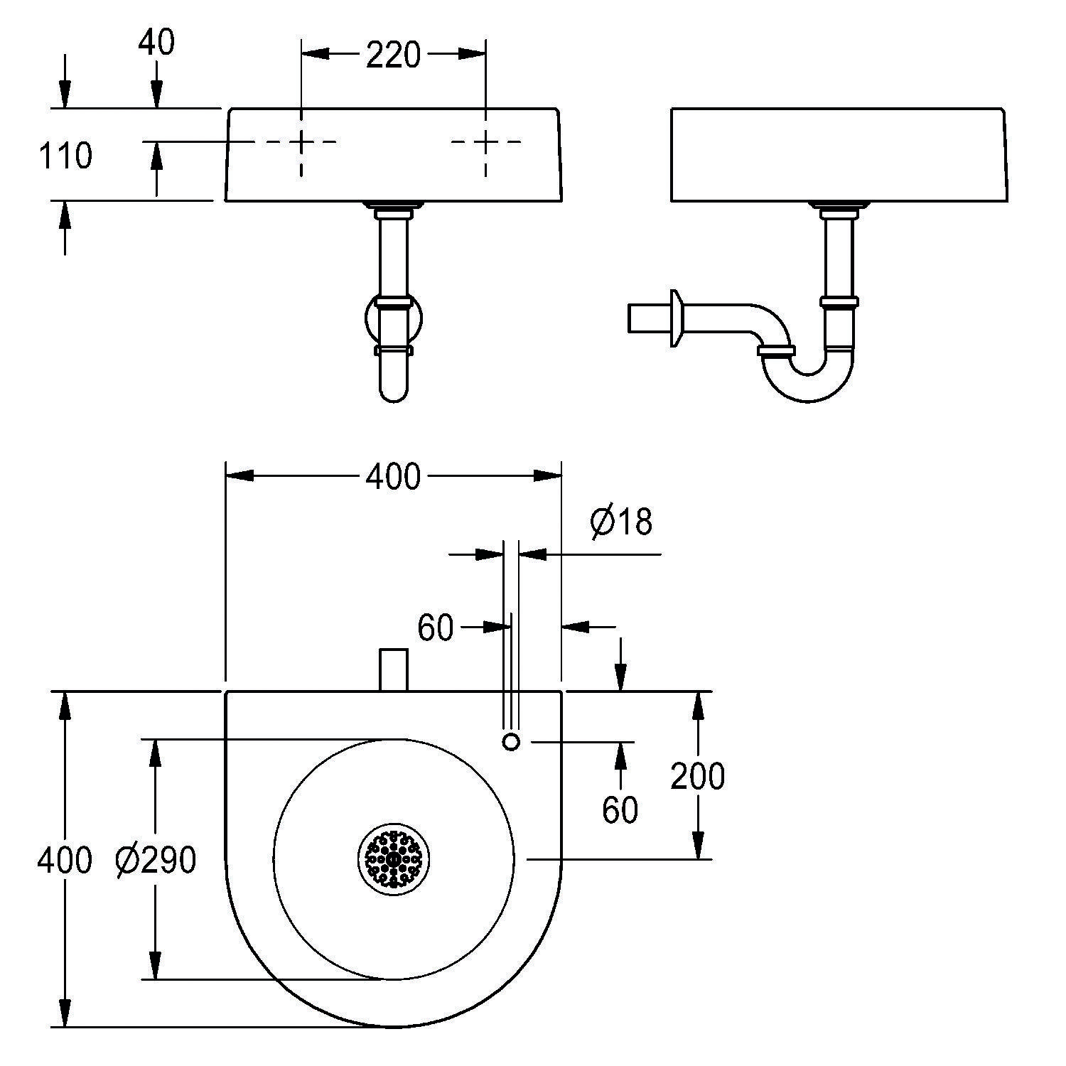 Eine technische Zeichnung eines runden Waschbeckens mit Maßangaben: 400 mm Breite, 400 mm Tiefe, 200 mm Höhe und 290 mm Beckendurchmesser.