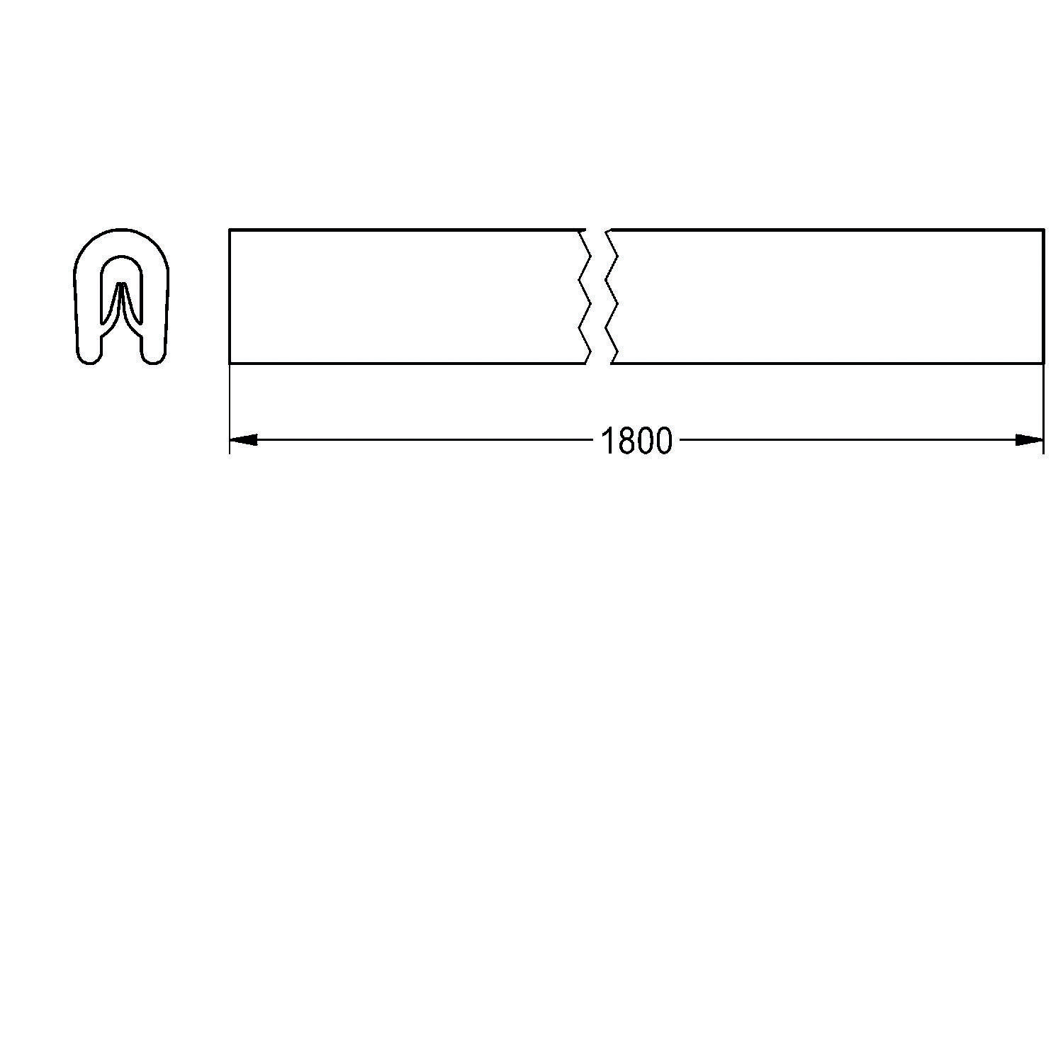 Dichtungsstreifen AC.2102' Diagramm, das einen Dichtungsstreifen mit einer Länge von 1800 mm zeigt, mit einer Querschnittsansicht auf der linken Seite.