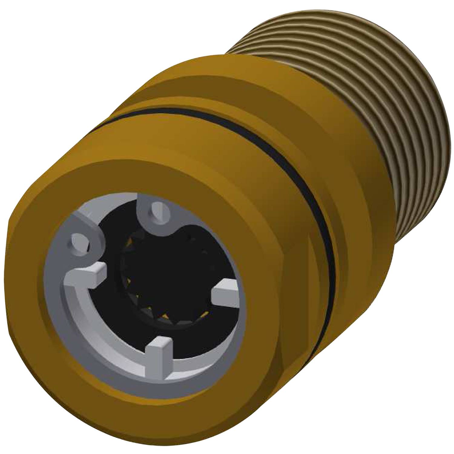 Eine 3D-Darstellung eines goldfarbenen industriellen Verbindungsstücks mit sichtbaren Innenkomponenten, die ein verschraubtes Design für eine sichere Befestigung aufweist.