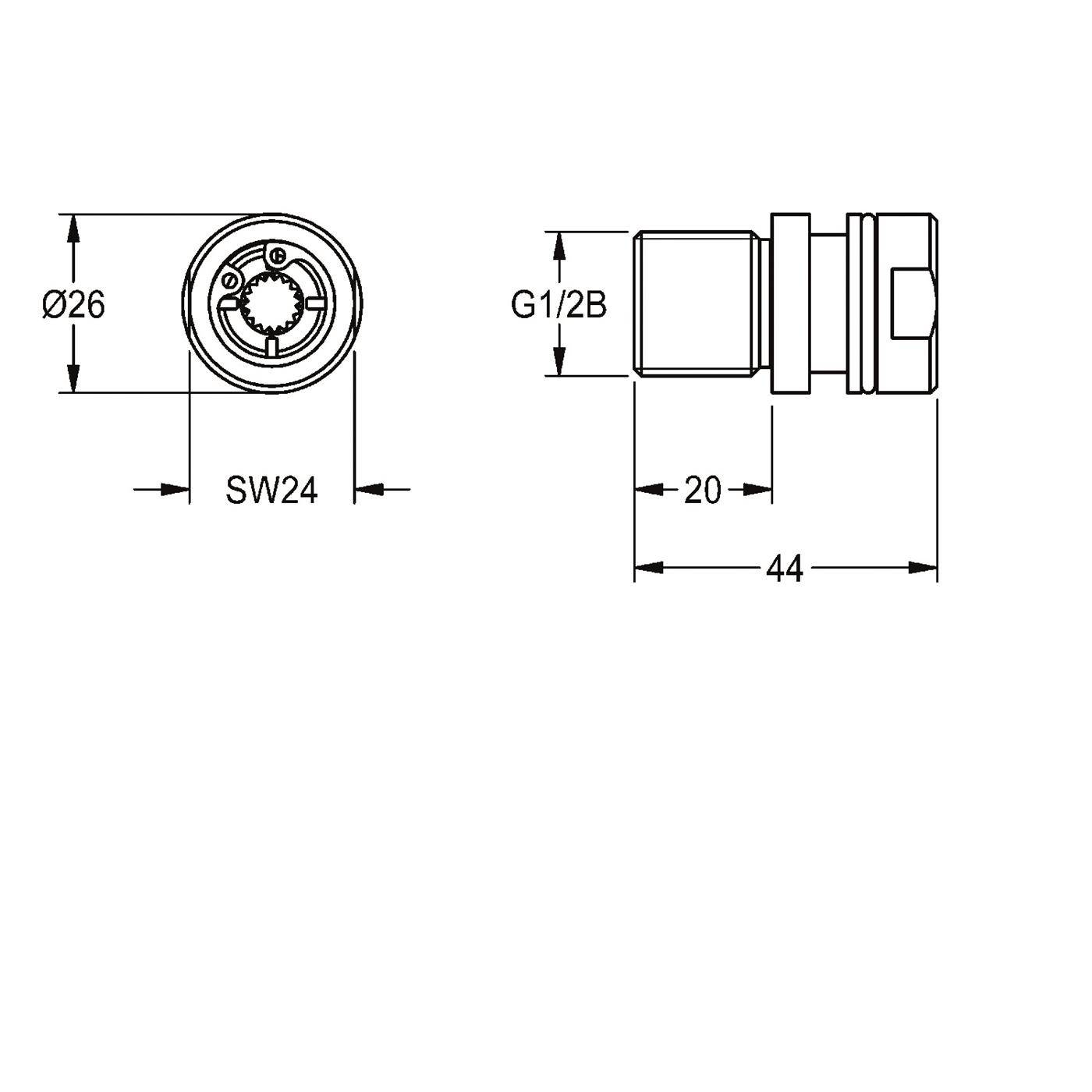 Technische Zeichnung einer zylindrischen Verschraubung mit Vorder- und Seitenansicht mit den Maßen Ø26, SW24, G1/2B, 20 und 44 mm.
