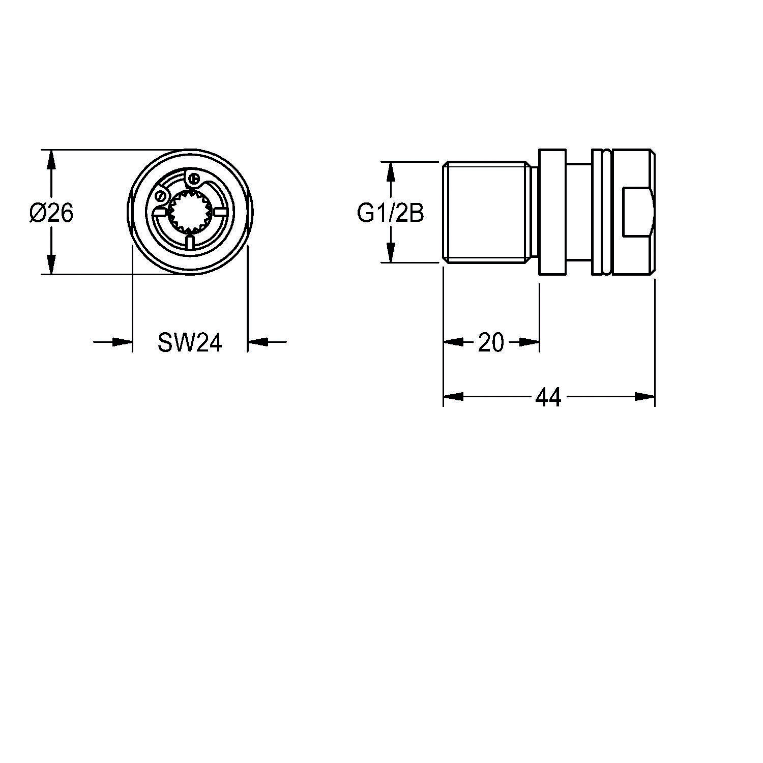Technische Zeichnung eines zylindrischen Bauteils mit Maßangaben: 26 mm Durchmesser, 24 mm Breite, 44 mm Länge, G1/2B-Gewinde.