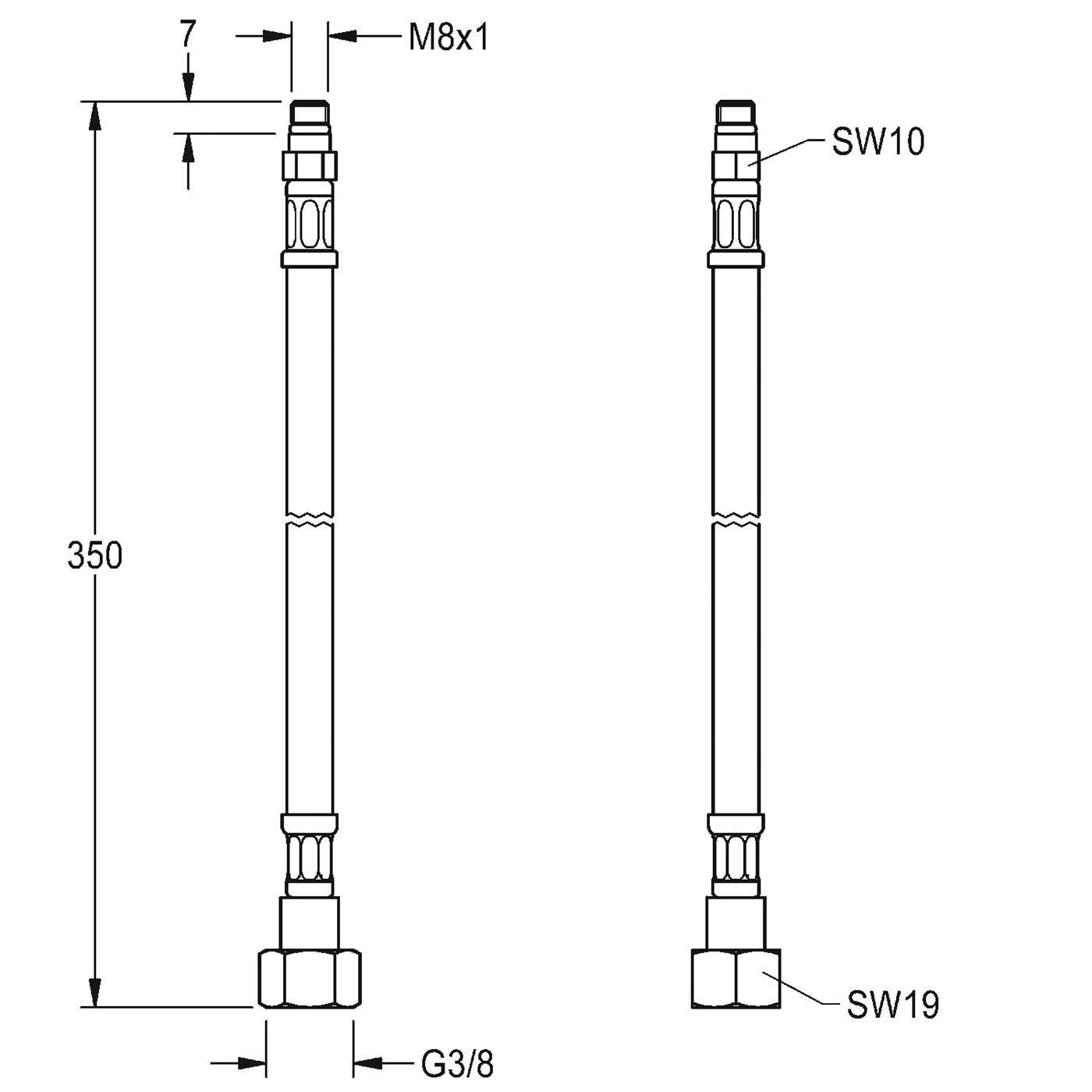 Technische Zeichnung einer Schlauchbaugruppe mit Gewindelenden, beschriftet mit M8x1 und G3/8, Gesamtlänge 350 mm und Schlüsselweiten SW10 und SW19.