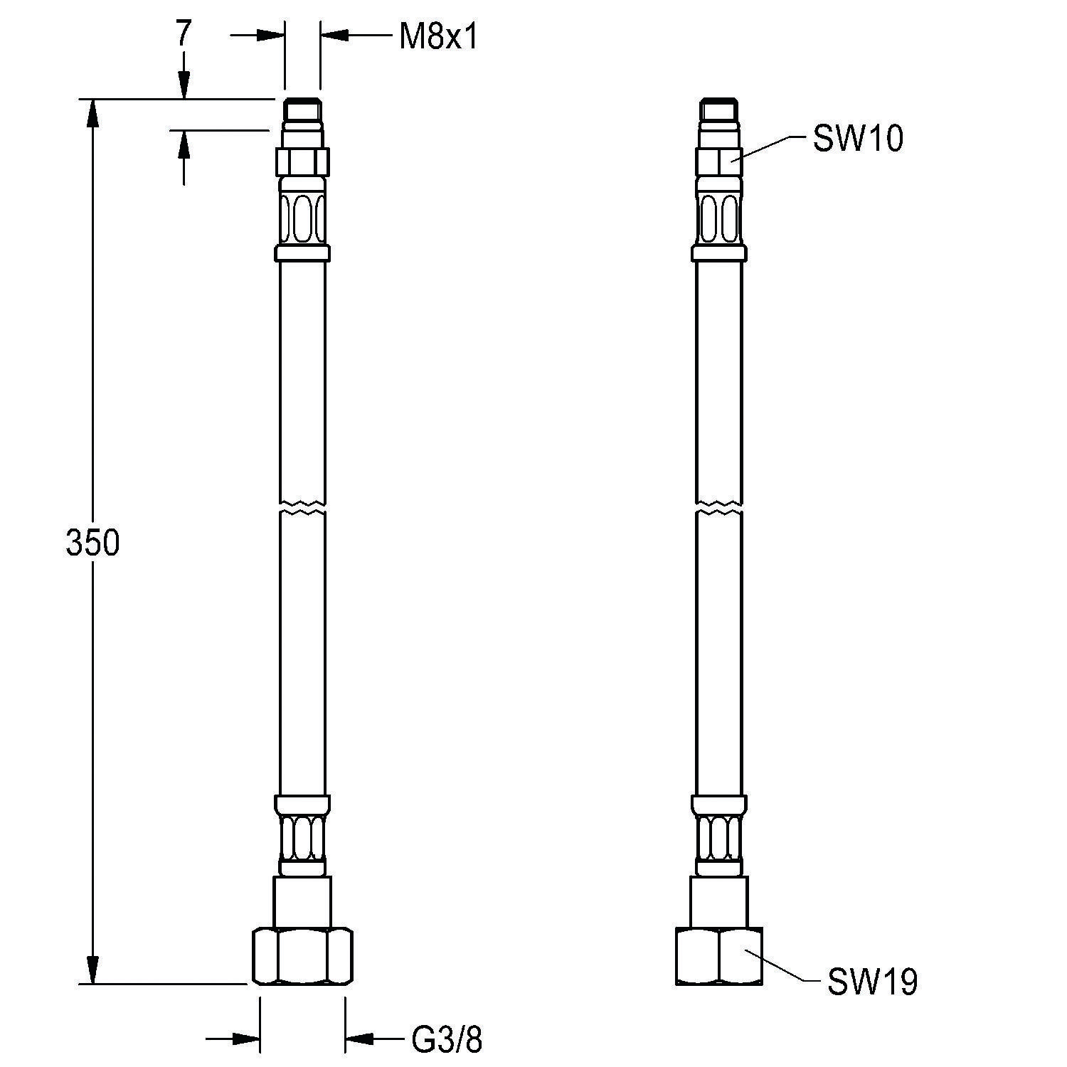 Technische Zeichnung einer zylindrischen Komponente mit M8x1 Gewinde am oberen Ende, 350 mm Höhe, mit Darstellung der Abmessungen, SW10, SW19, G3/8 Details.