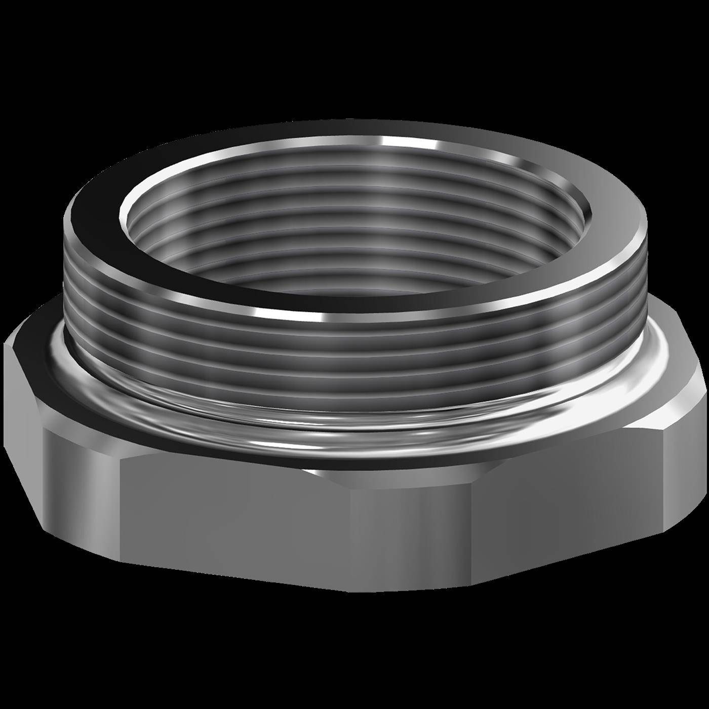 Sechskantmutter mit Metallverriegelung und Innengewinde auf schwarzem Hintergrund.