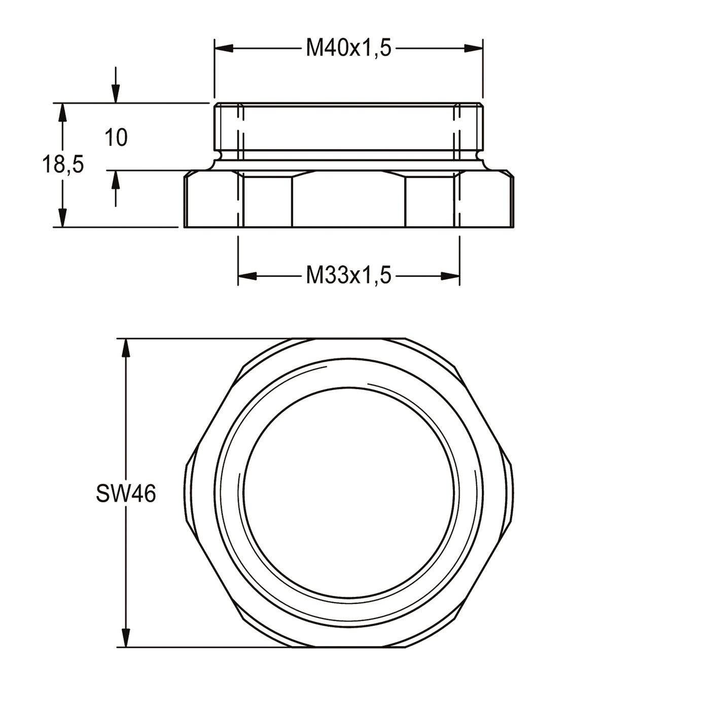 Technische Zeichnung eines Sechskant-Mutteradapters mit beschrifteten Abmessungen M40x1,5, M33x1,5, 18,5, 10 und SW46, dargestellt in Seiten- und Draufsicht.